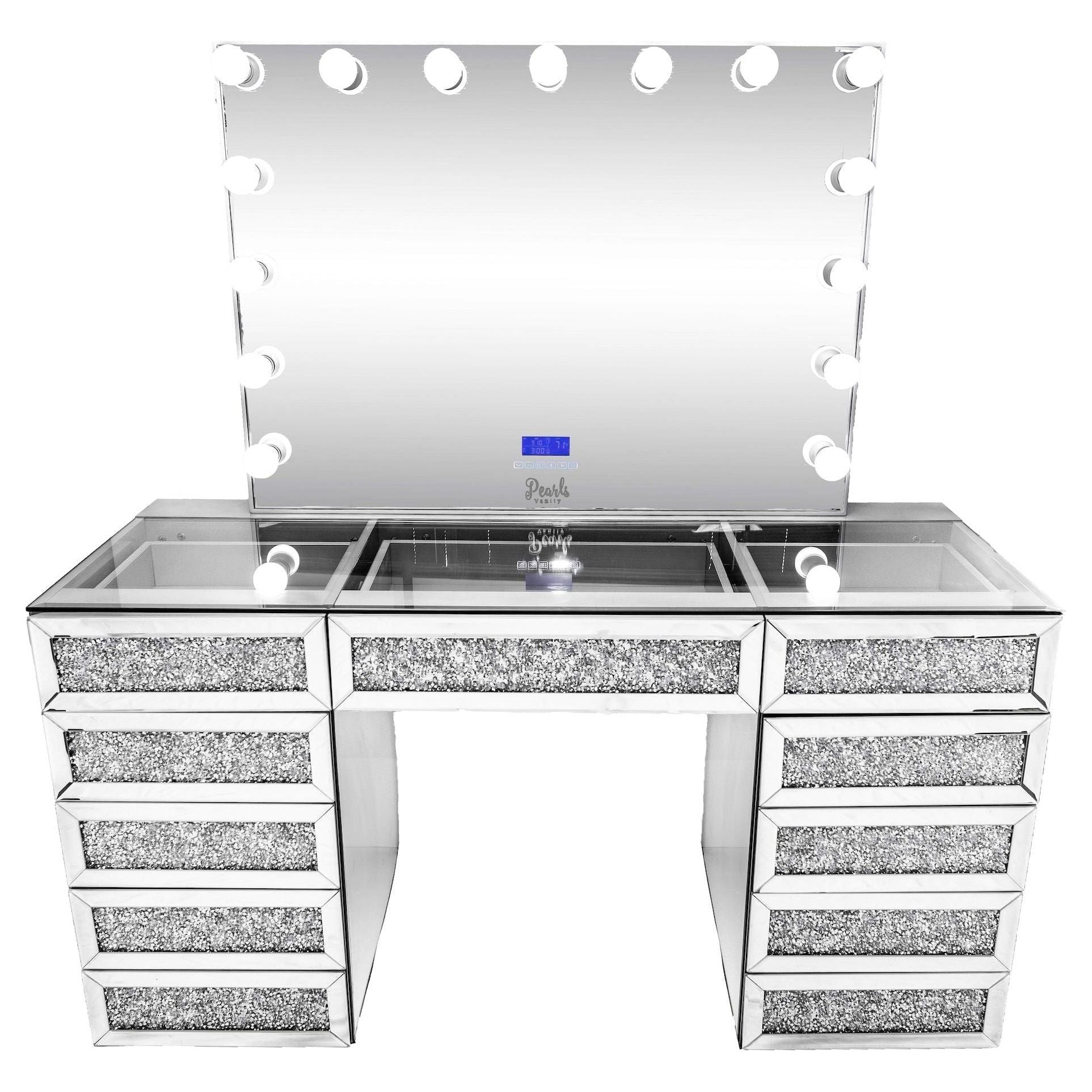 Icy - 59" Mirrored/ Bejewled Glass top Press-Open Vanity & Frameless Mirror