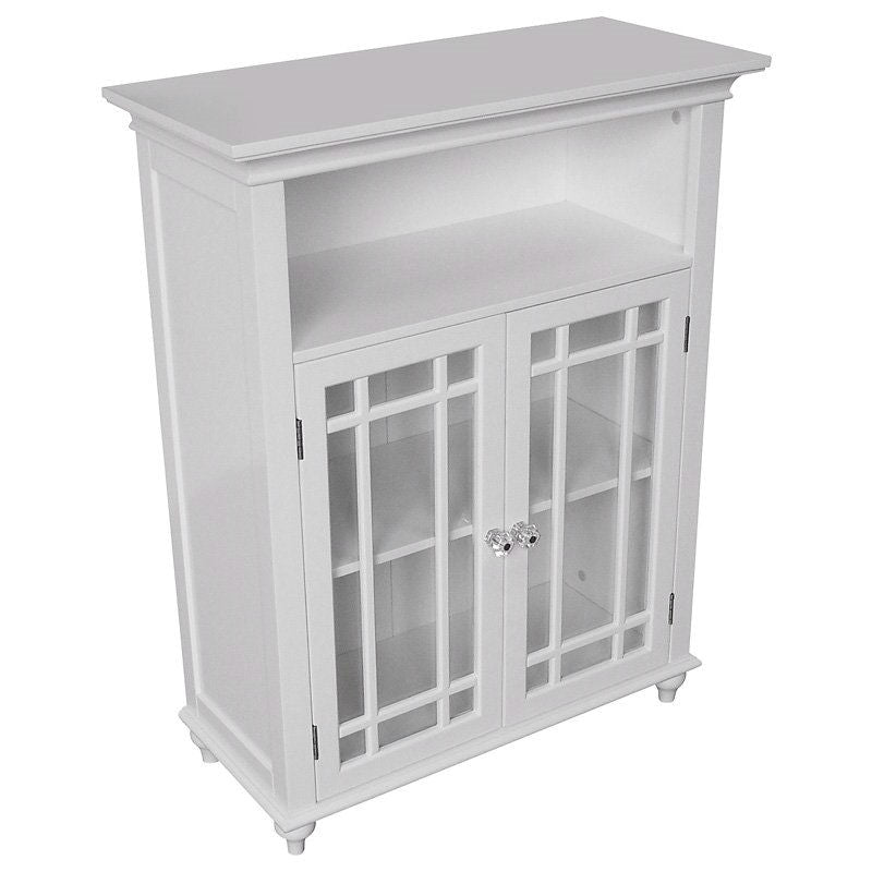 Classic White Wood 2-Door Bathroom Floor Cabinet with Glass Paneled Doors-0