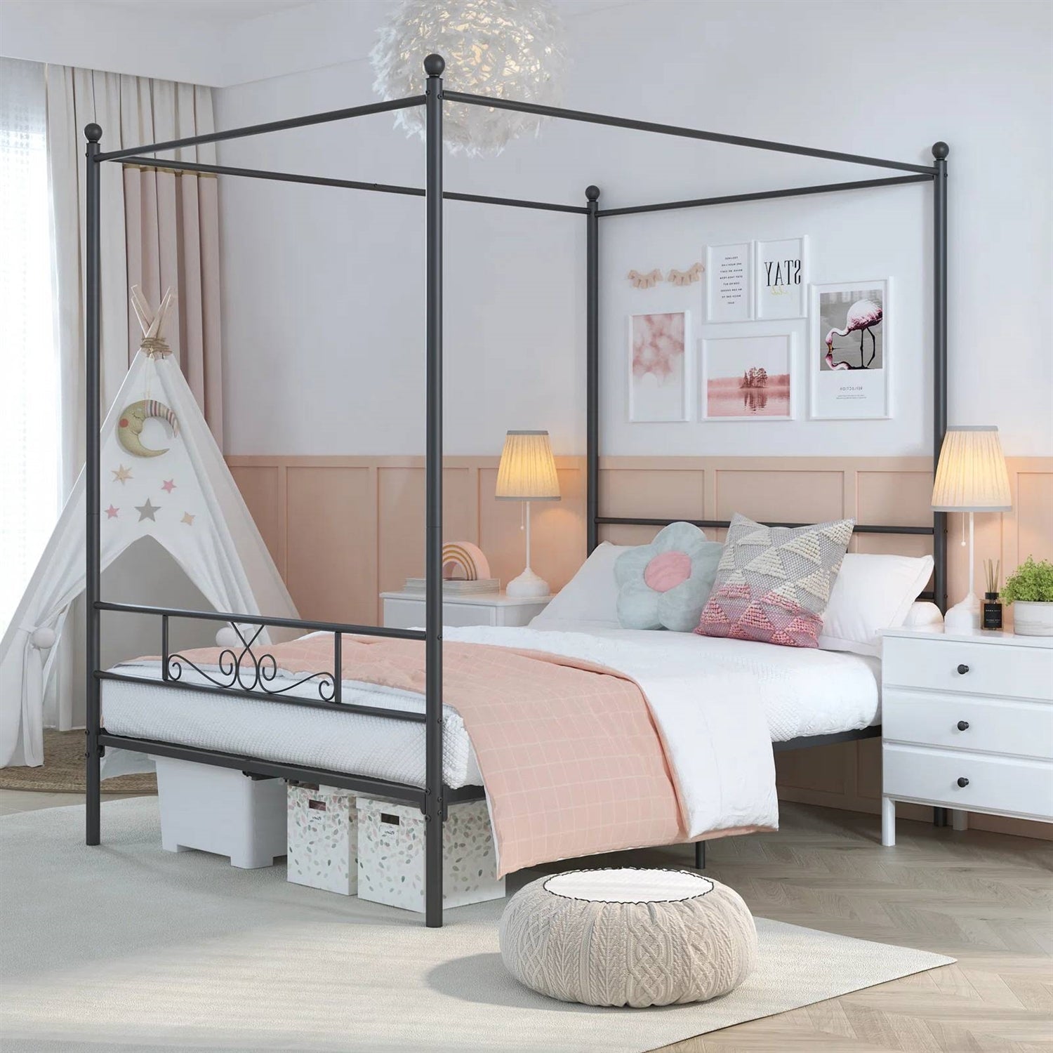 Full size Four Poster French Country Metal Canopy Bed in Black Finish-0