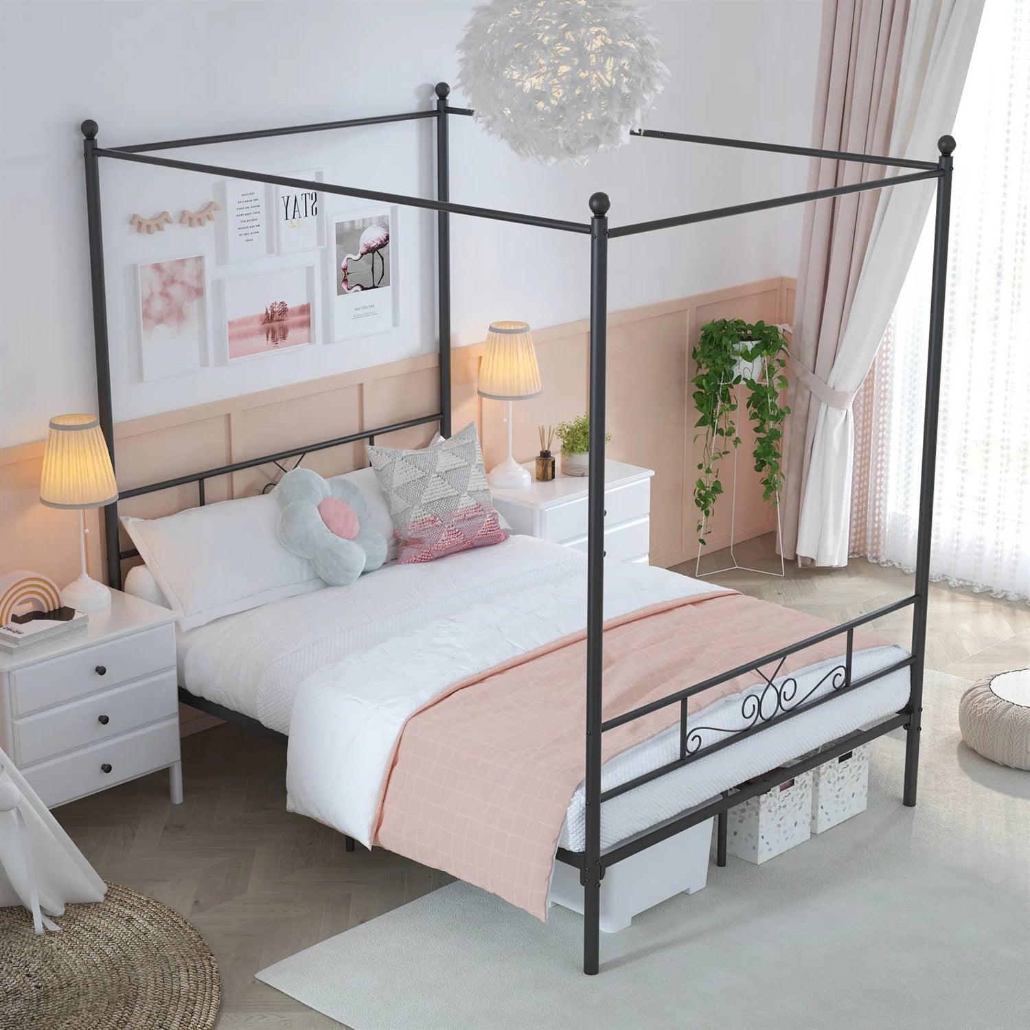 Full size Four Poster French Country Metal Canopy Bed in Black Finish-1