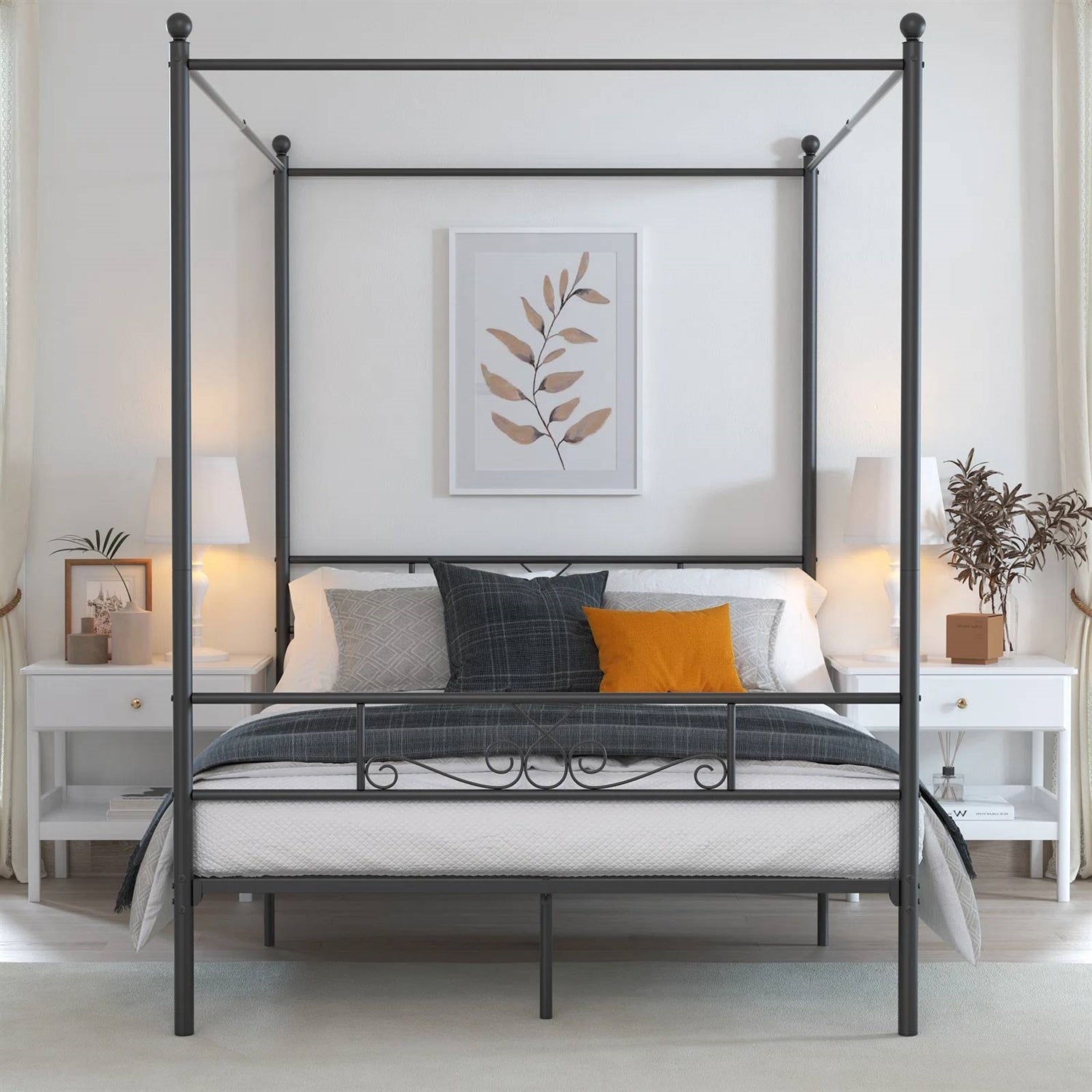 Queen size Four Poster French Country Metal Canopy Bed in Black Finish-0