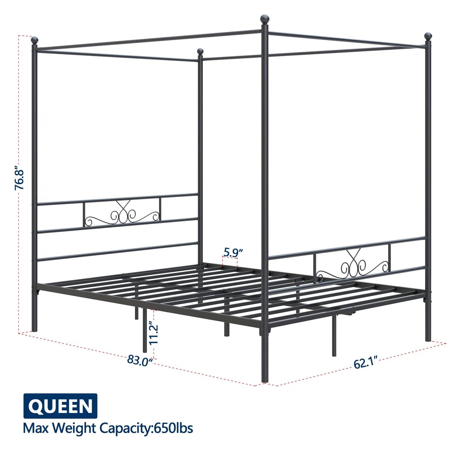 Queen size Four Poster French Country Metal Canopy Bed in Black Finish-2