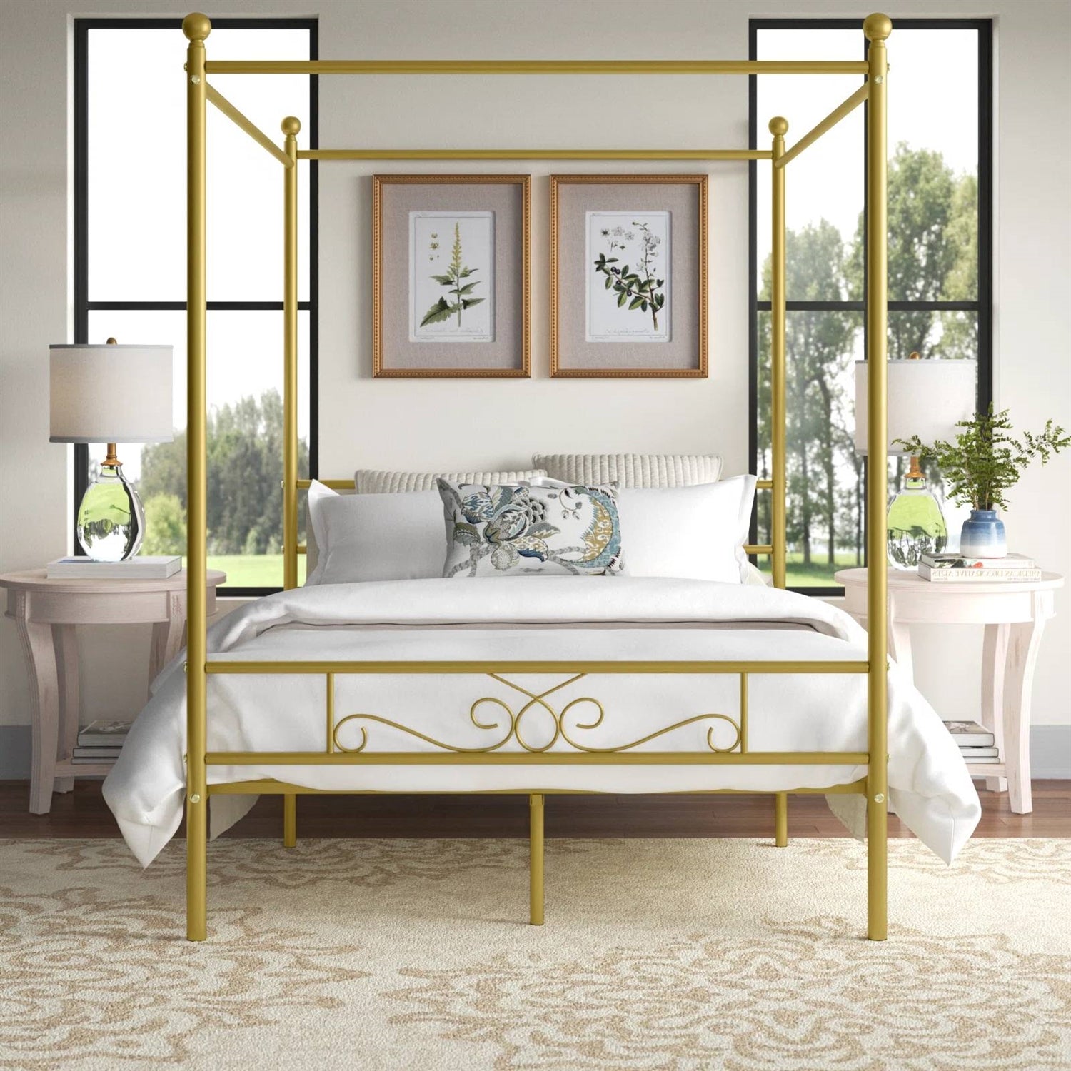 Full size French Country Four Poster Metal Canopy Bed in Gold Finish-1