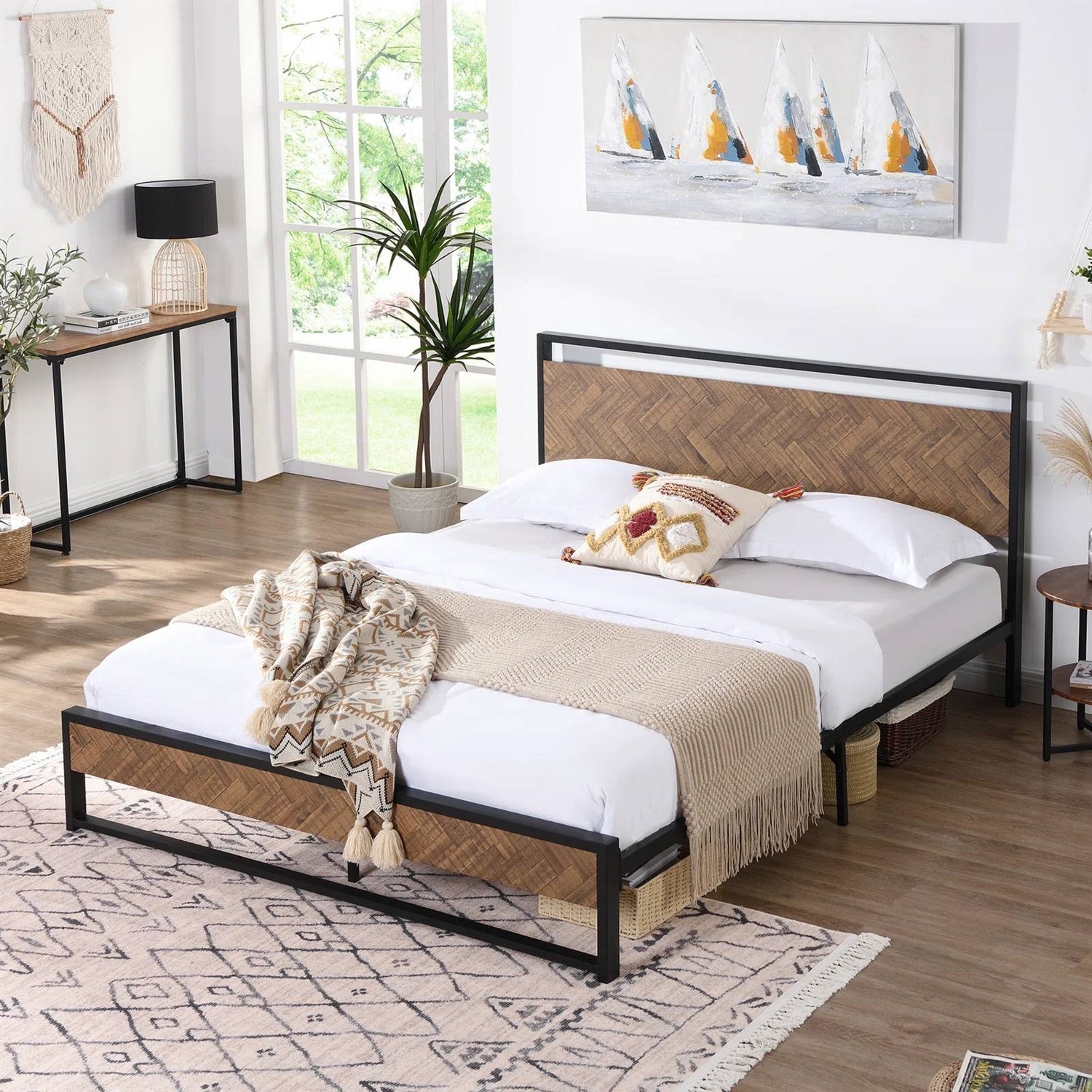 Full size Modern Industrial Metal Platform Bed Frame w/ Wood Headboard Footboard-1