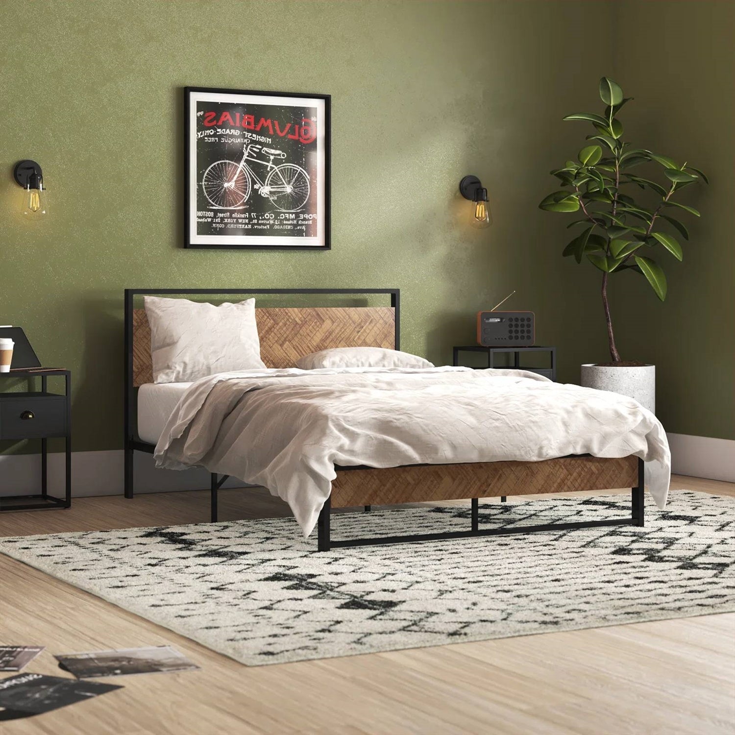 Full size Modern Industrial Metal Platform Bed Frame w/ Wood Headboard Footboard-3