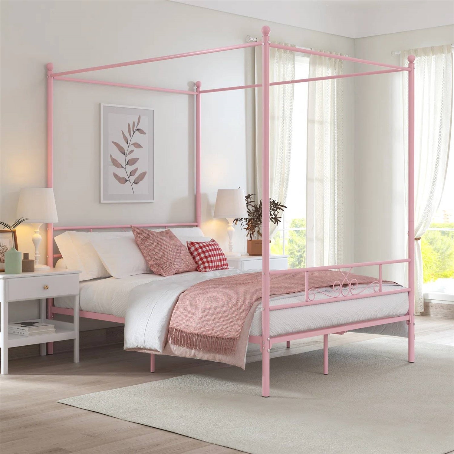 Full size French Country Style Four Poster Metal Canopy Bed in Pink Finish-0