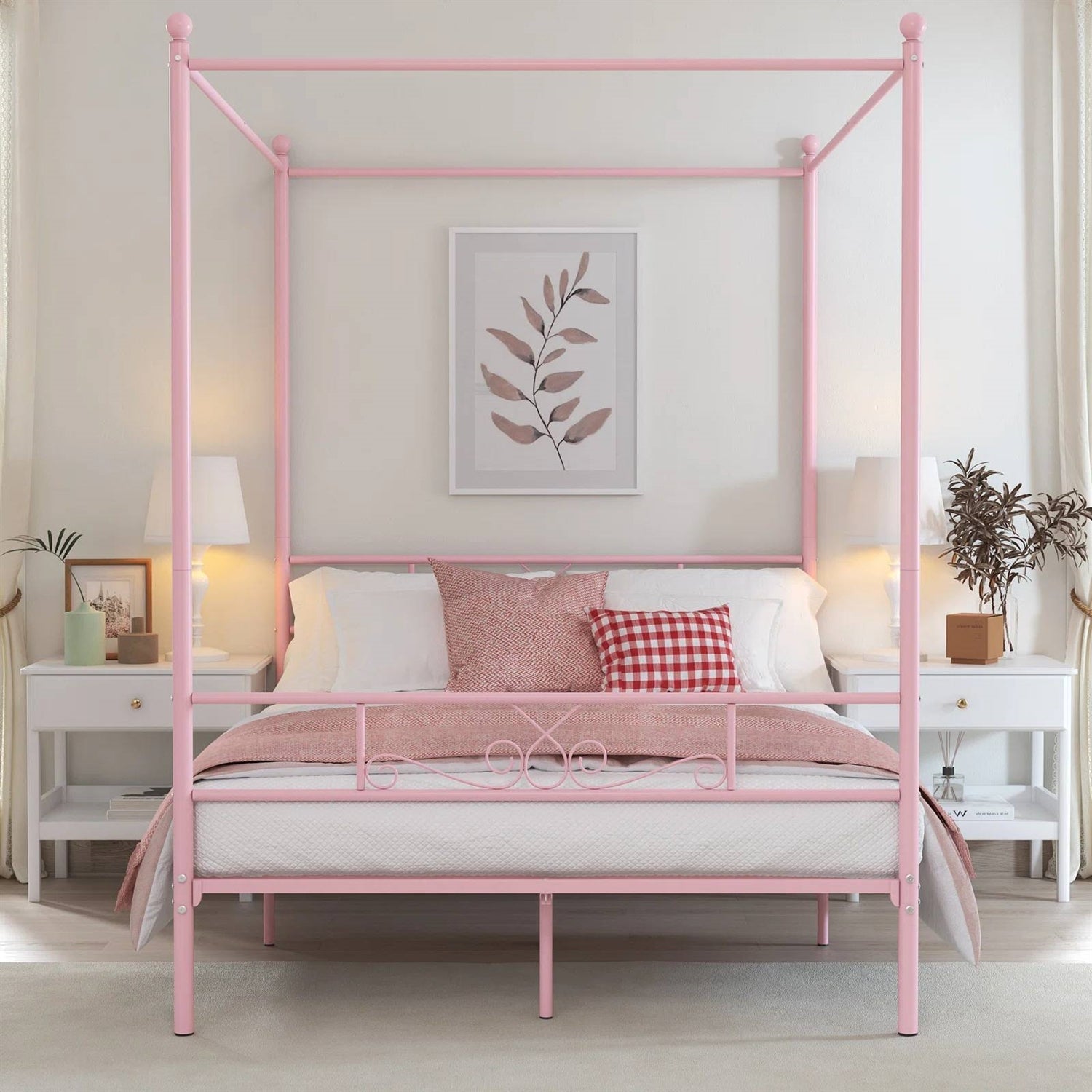 Full size French Country Style Four Poster Metal Canopy Bed in Pink Finish-1