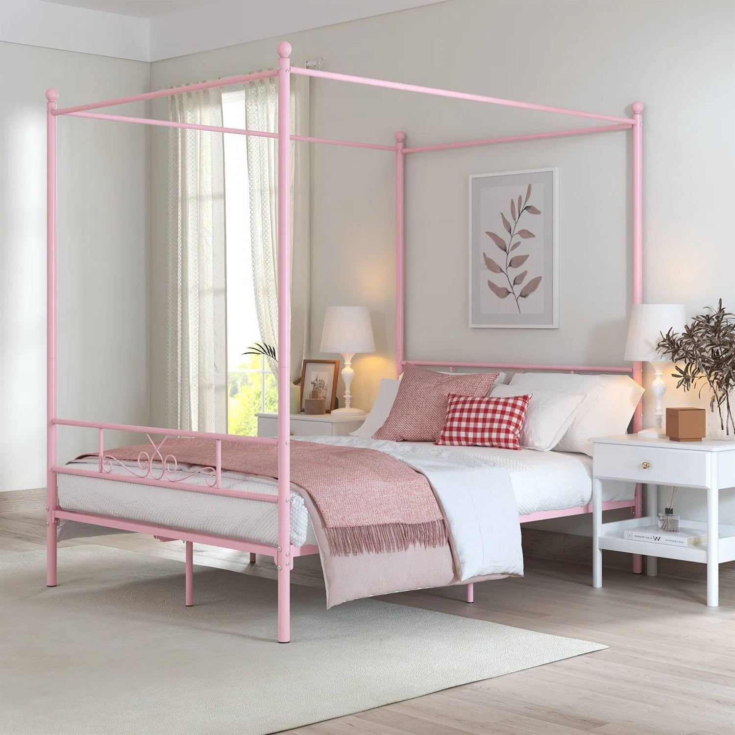 Full size French Country Style Four Poster Metal Canopy Bed in Pink Finish-2