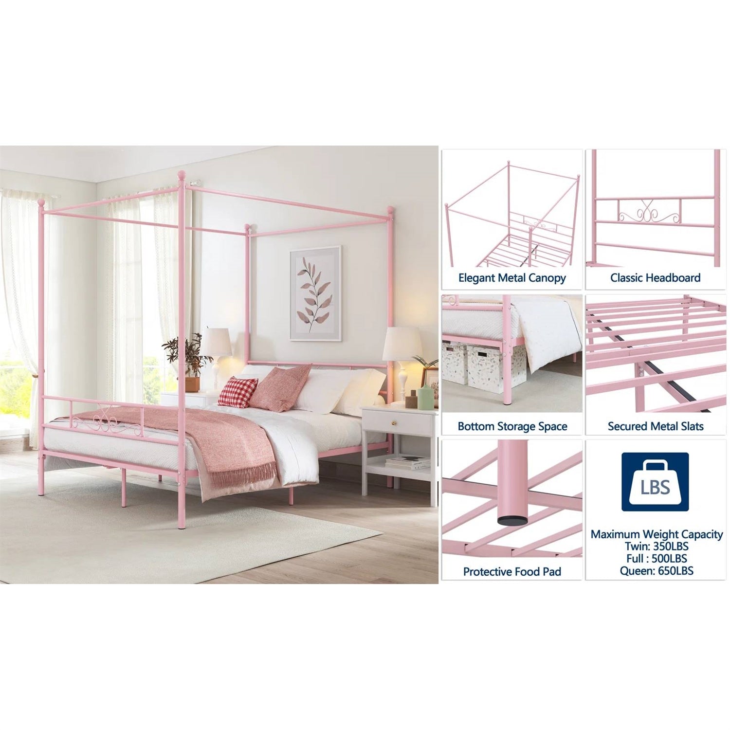 Full size French Country Style Four Poster Metal Canopy Bed in Pink Finish-3