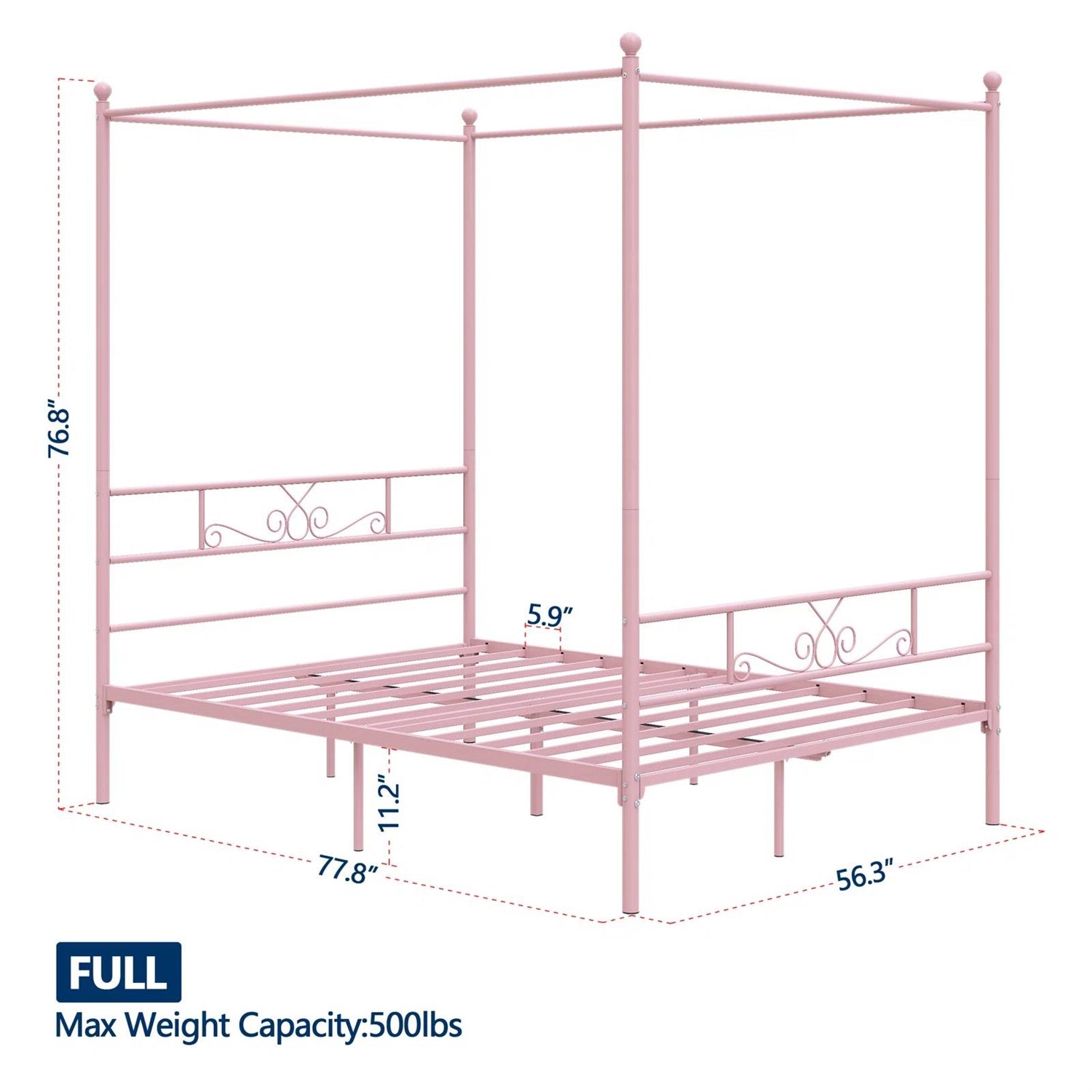 Full size French Country Style Four Poster Metal Canopy Bed in Pink Finish-4