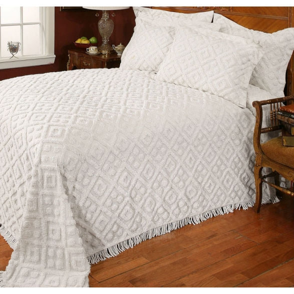 Full size Beige Chenille Cotton Bedspread with Fringe Edges-0