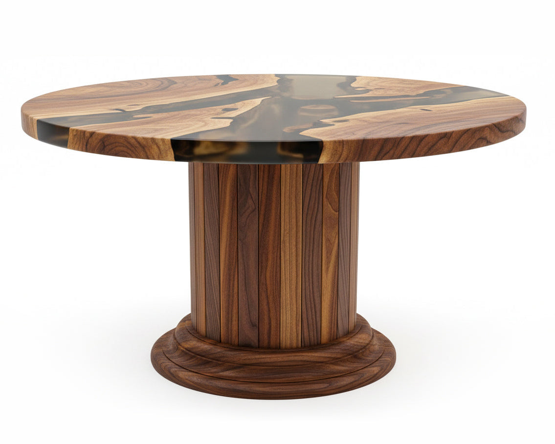 Round Dining Table with Solid Wood Drum Pedestal Base