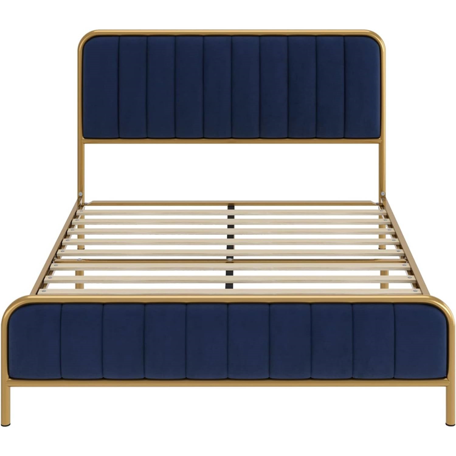 Full Gold Metal Platform Bed Frame with Navy Blue Velvet Upholstered Headboard-0