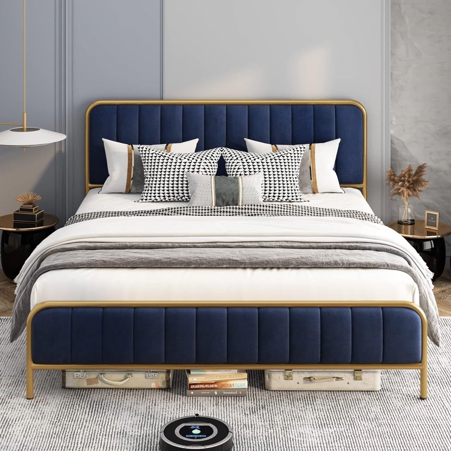 Full Gold Metal Platform Bed Frame with Navy Blue Velvet Upholstered Headboard-1