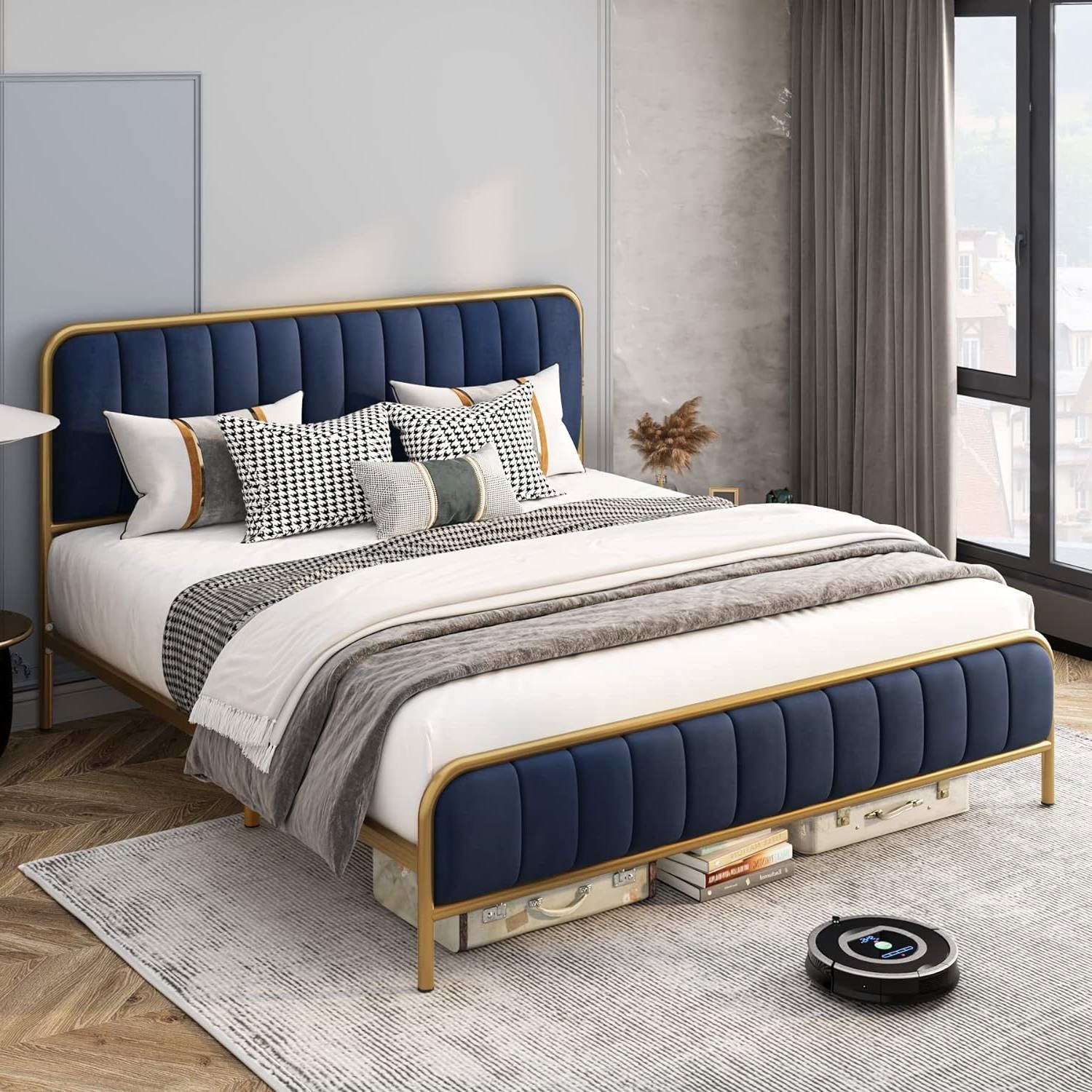 Full Gold Metal Platform Bed Frame with Navy Blue Velvet Upholstered Headboard-2