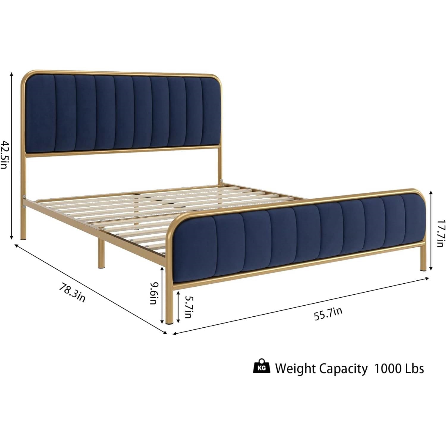 Full Gold Metal Platform Bed Frame with Navy Blue Velvet Upholstered Headboard-4