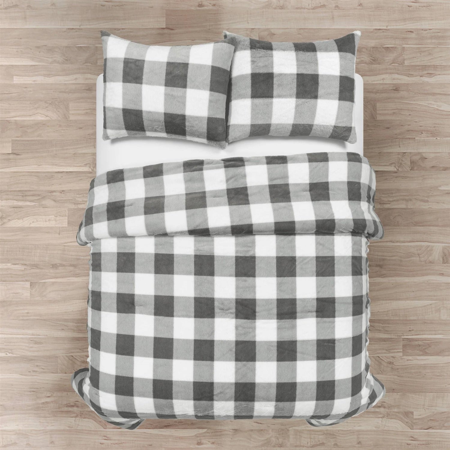 Full/Queen Size Plaid Soft Faux Fur Comforter Set in Black White Grey-1