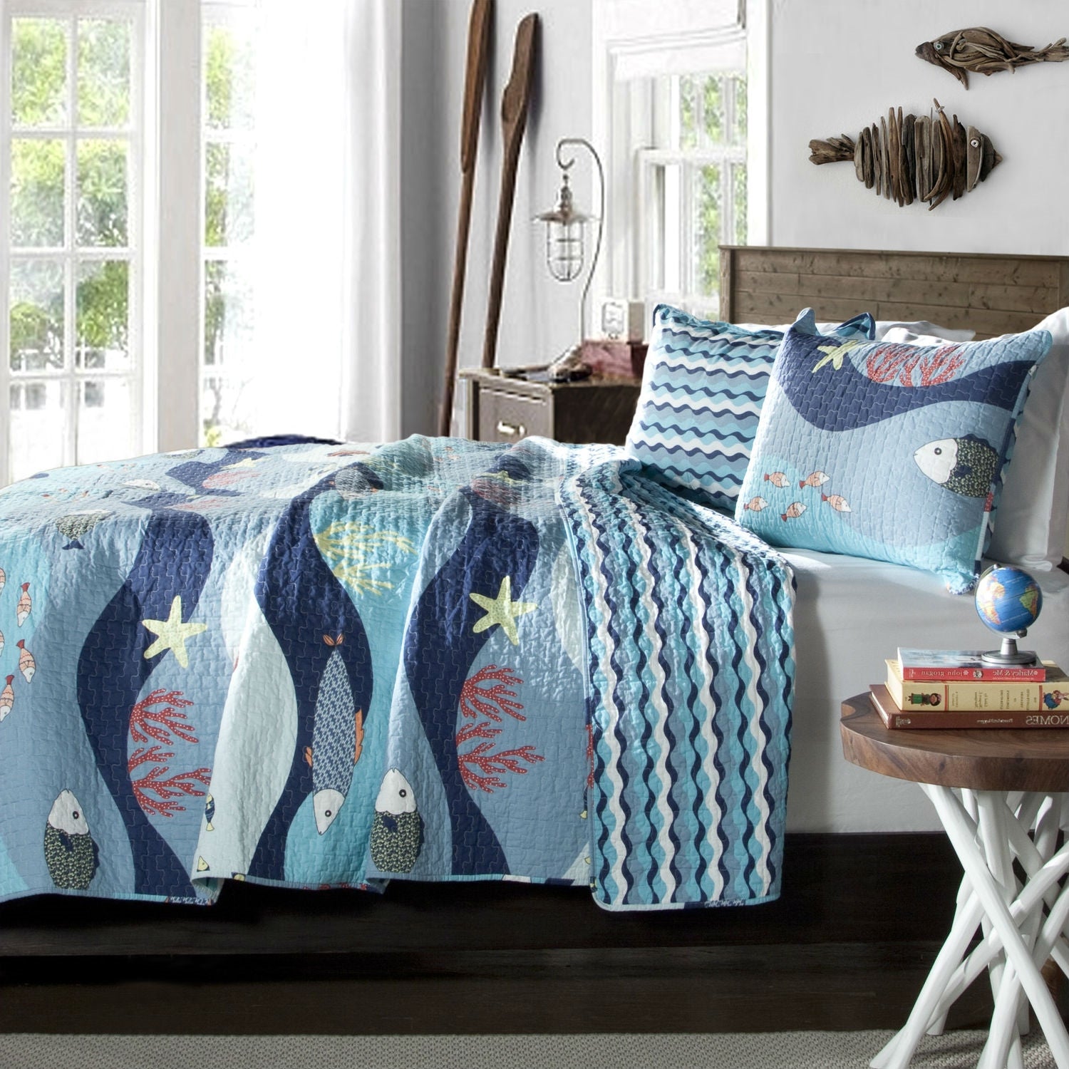 Full / Queen Blue Serenity Sea Fish Coral Coverlet Quilt Bedspread Set-0