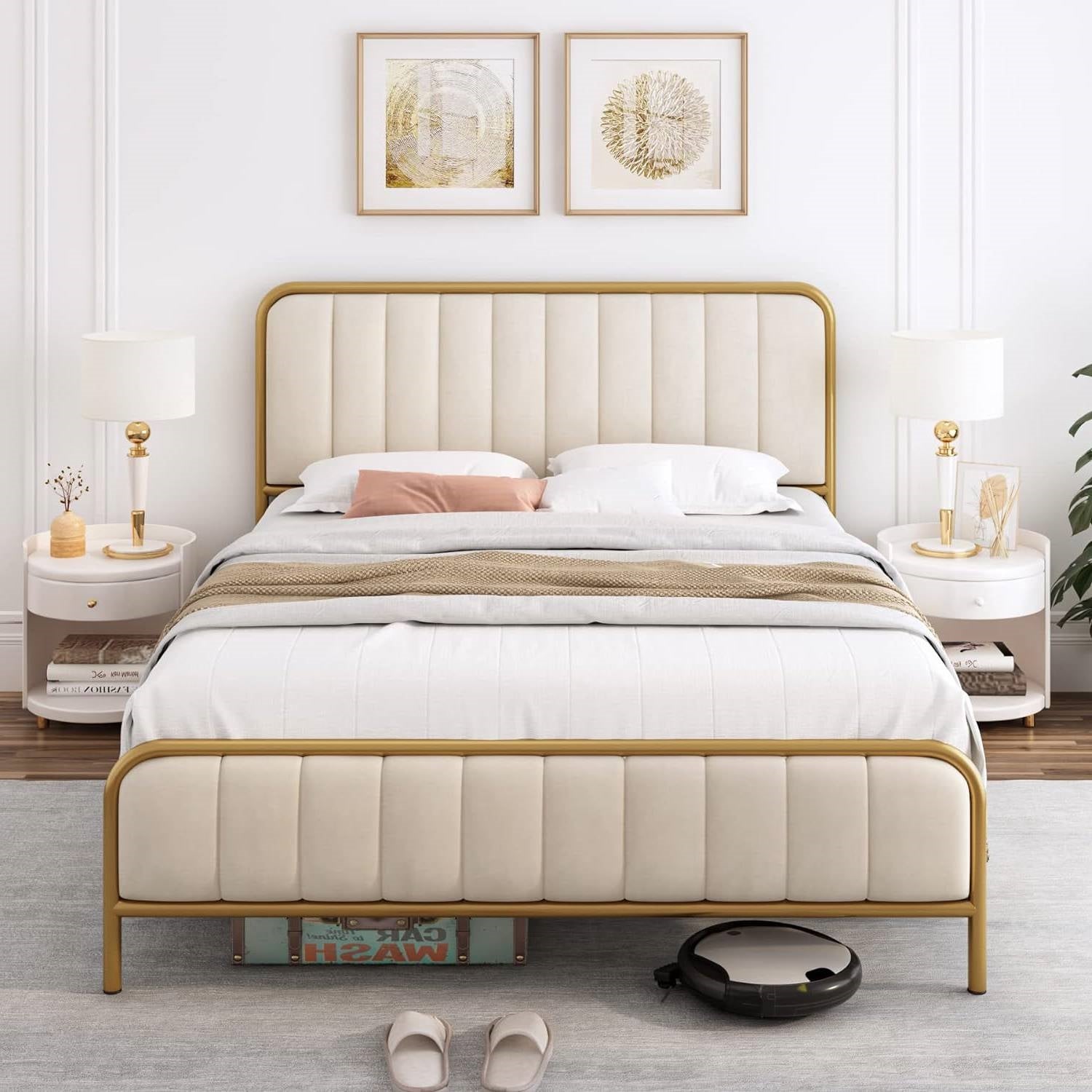 Full size Gold Metal Platform Bed Frame with Off-White Upholstered Headboard-0