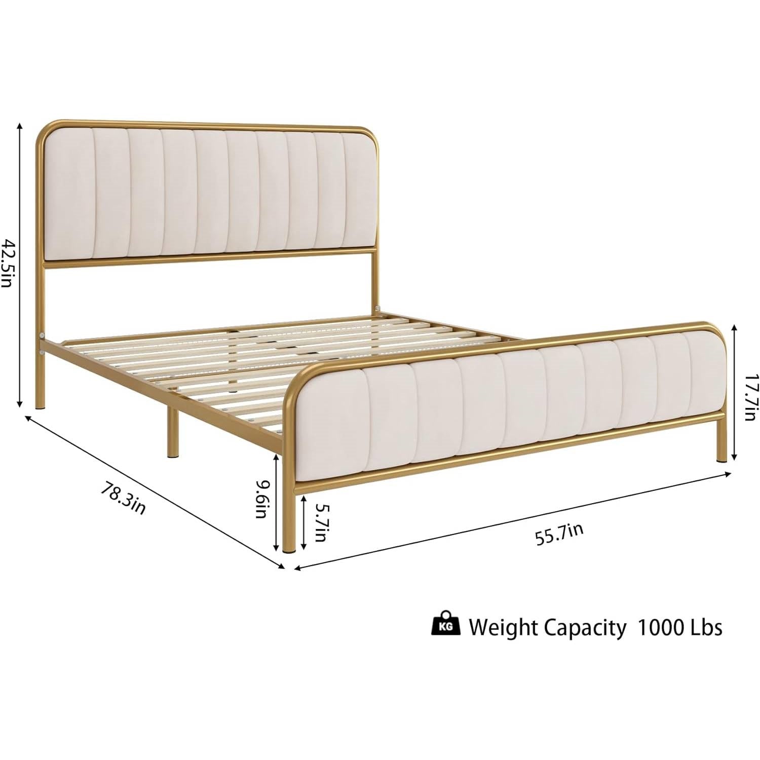 Full size Gold Metal Platform Bed Frame with Off-White Upholstered Headboard-4