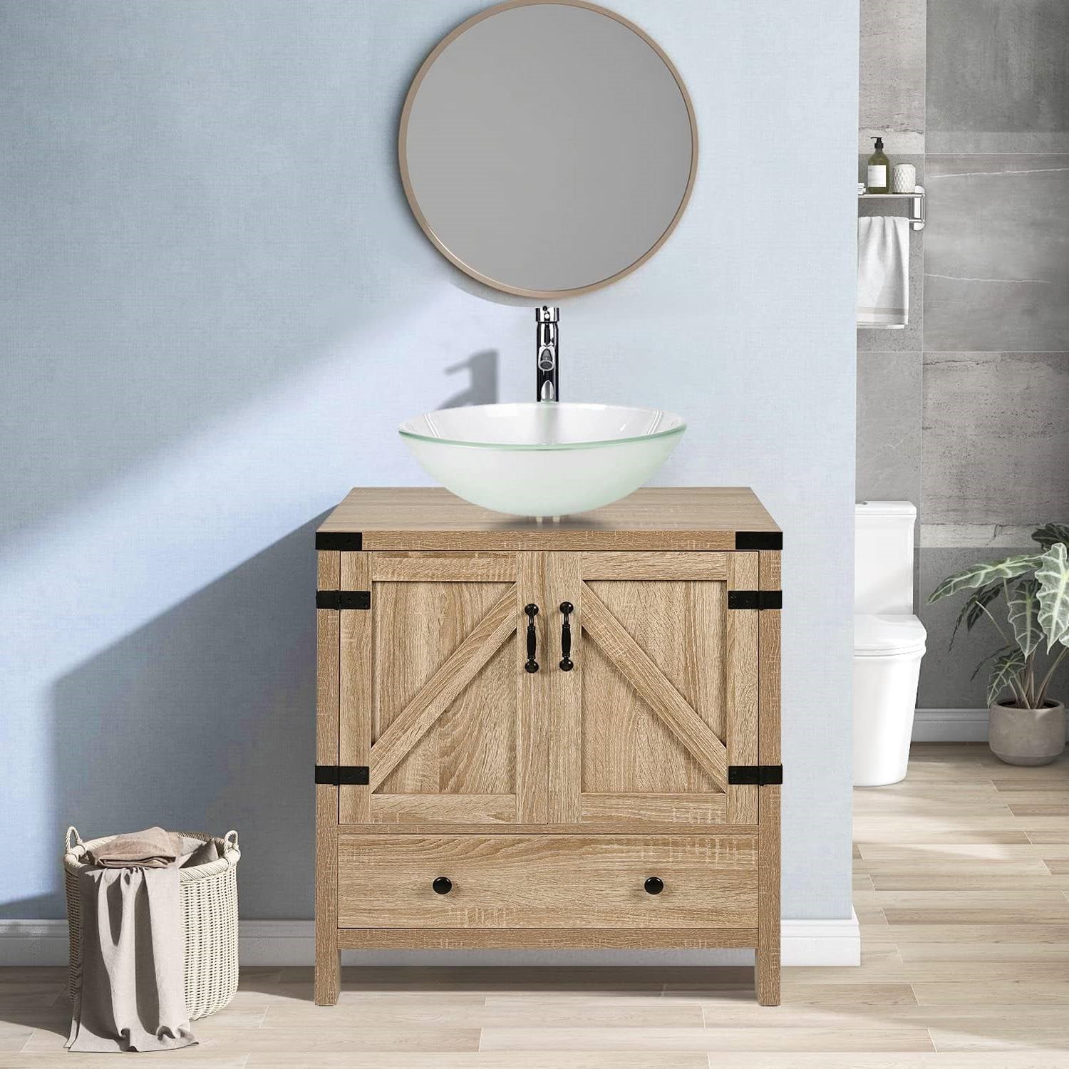 Modern Farmhouse Bathroom Vanity with Wooden Sliding Door and Frosted Glass Sink-0