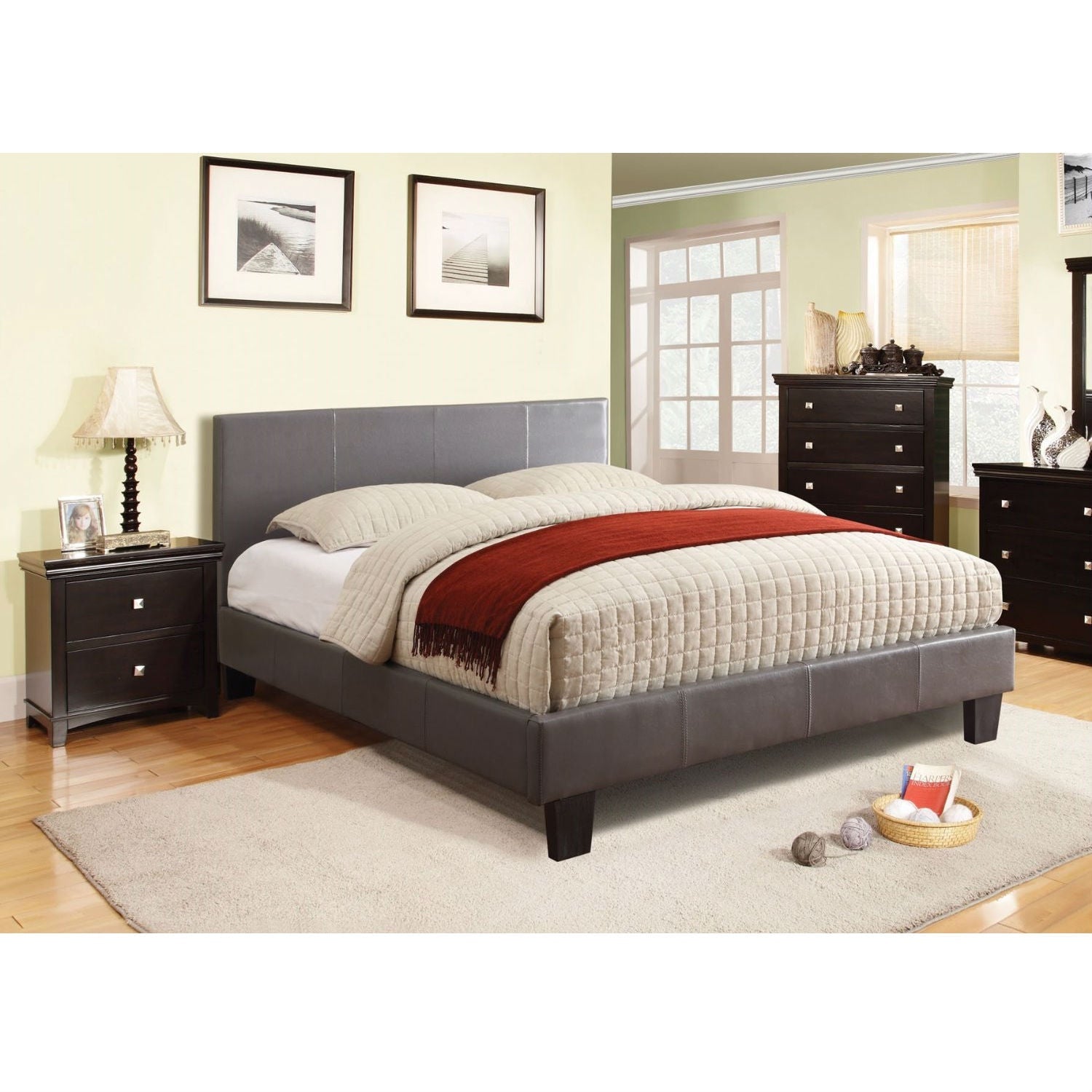 Full size Platform Bed with Headboard Upholstered in Gray Faux Leather-0