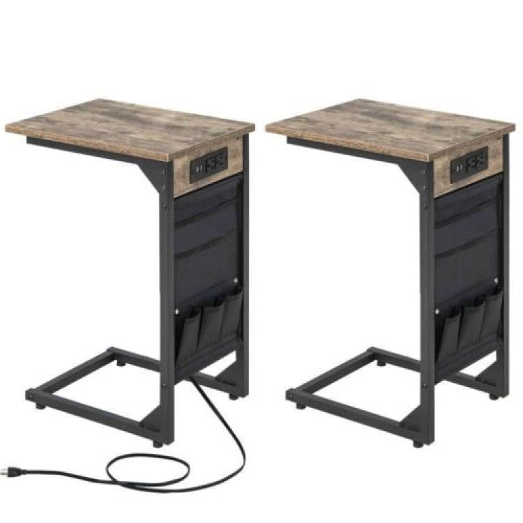 Set of 2 -  TV Tray End Tables with Storage Bags and Charging Station-0