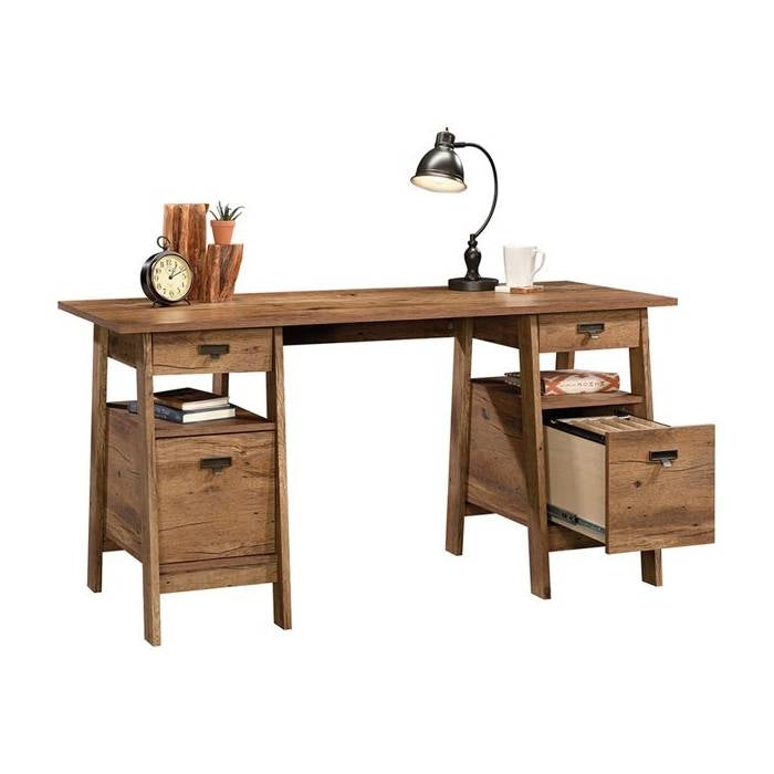 FarmHouse Rustic Oak Executive Desk w/ Filing Cabinets Storage-1