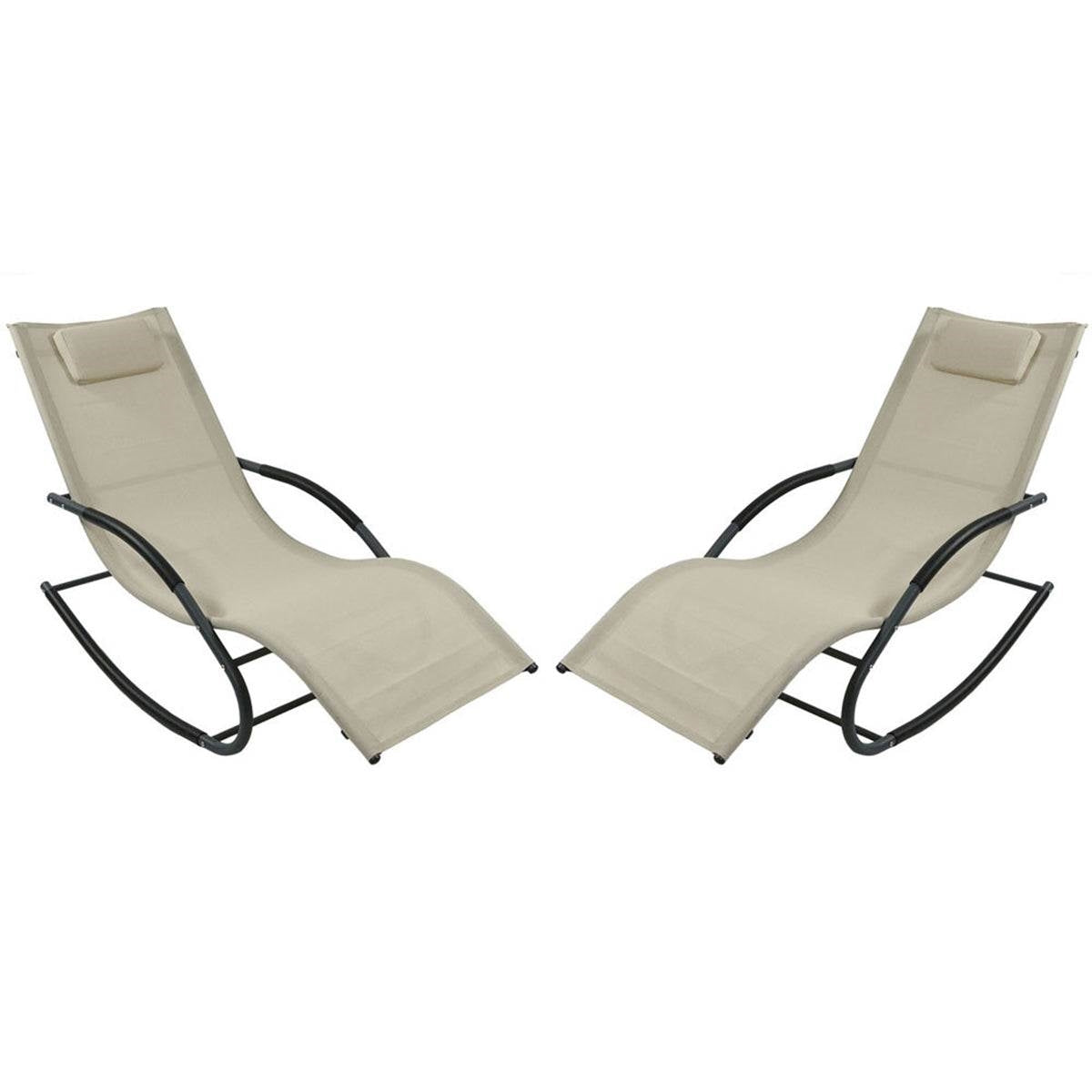 Set of 2 Beige Rocking Chaise Lounger Patio Lounge Chair with Pillow-0