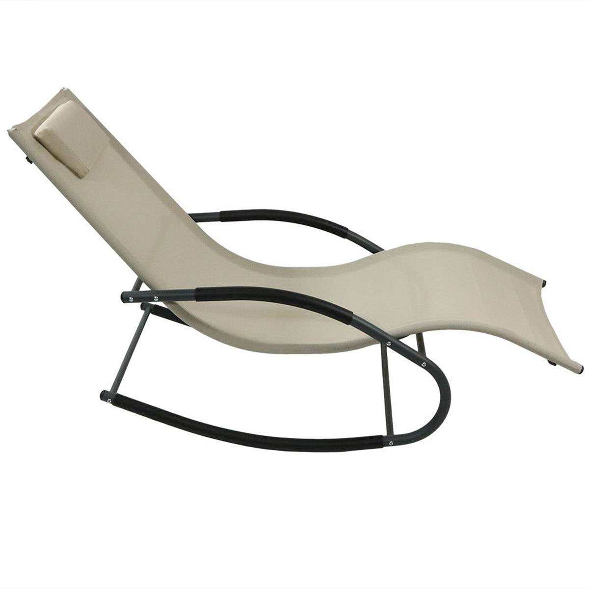 Set of 2 Beige Rocking Chaise Lounger Patio Lounge Chair with Pillow-2