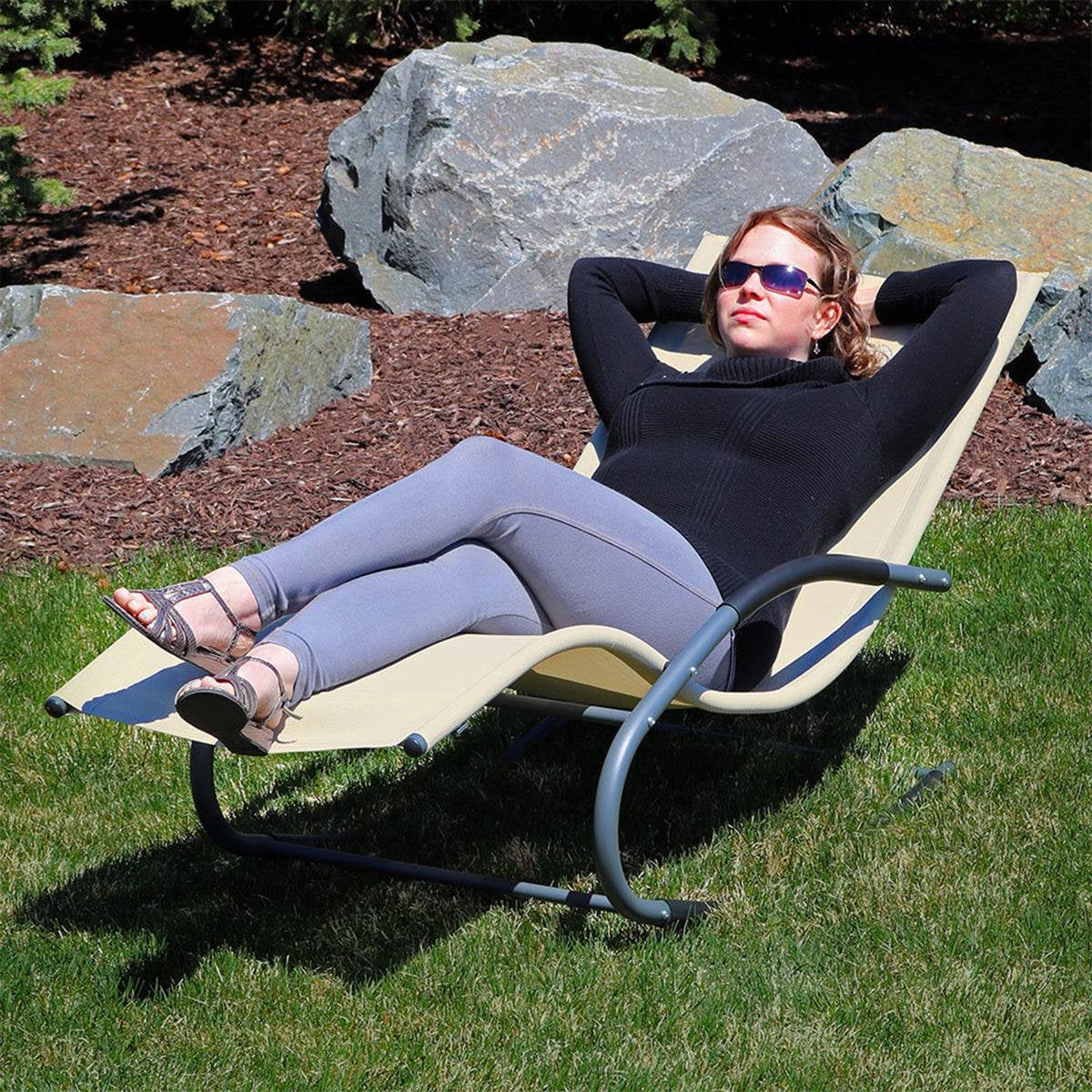 Set of 2 Beige Rocking Chaise Lounger Patio Lounge Chair with Pillow-3