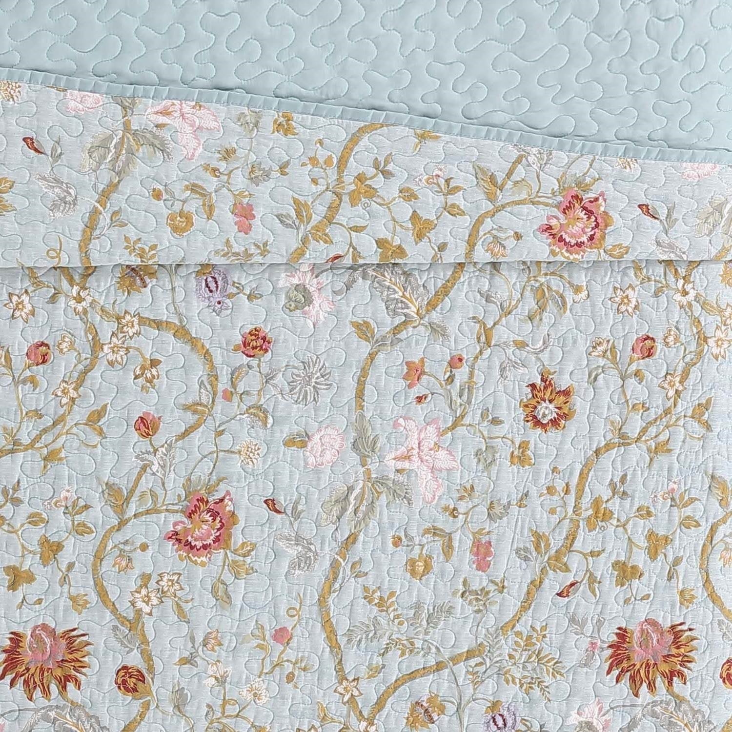 Twin XL 2 Piece Farmhouse Blue Teal Floral Vines Cotton Reversible Quilt Set-1