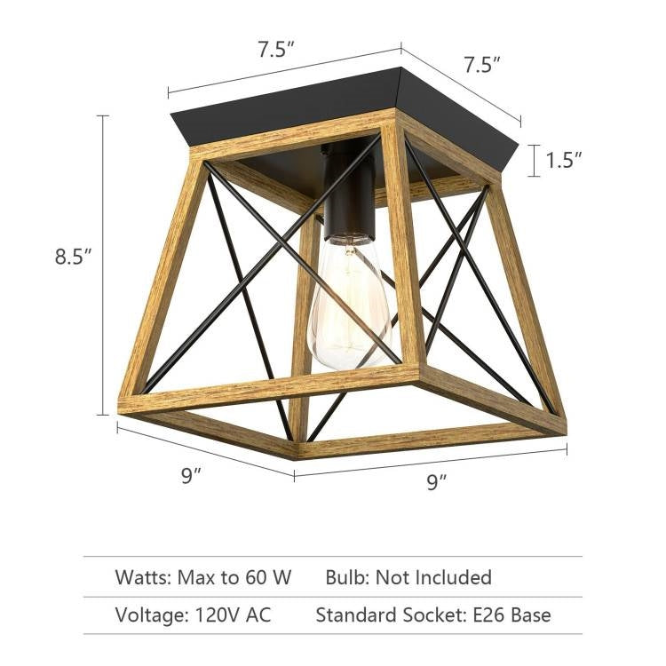 Rustic Wood Metal Glass Ceiling Light uses Standard E26 size Bulb - Not Included-4