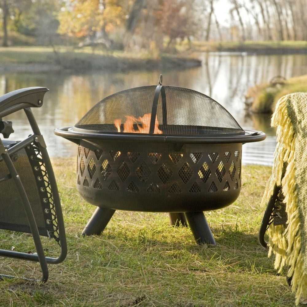 36-inch Bronze Fire Pit with Grill Grate Spark Screen Cover-0