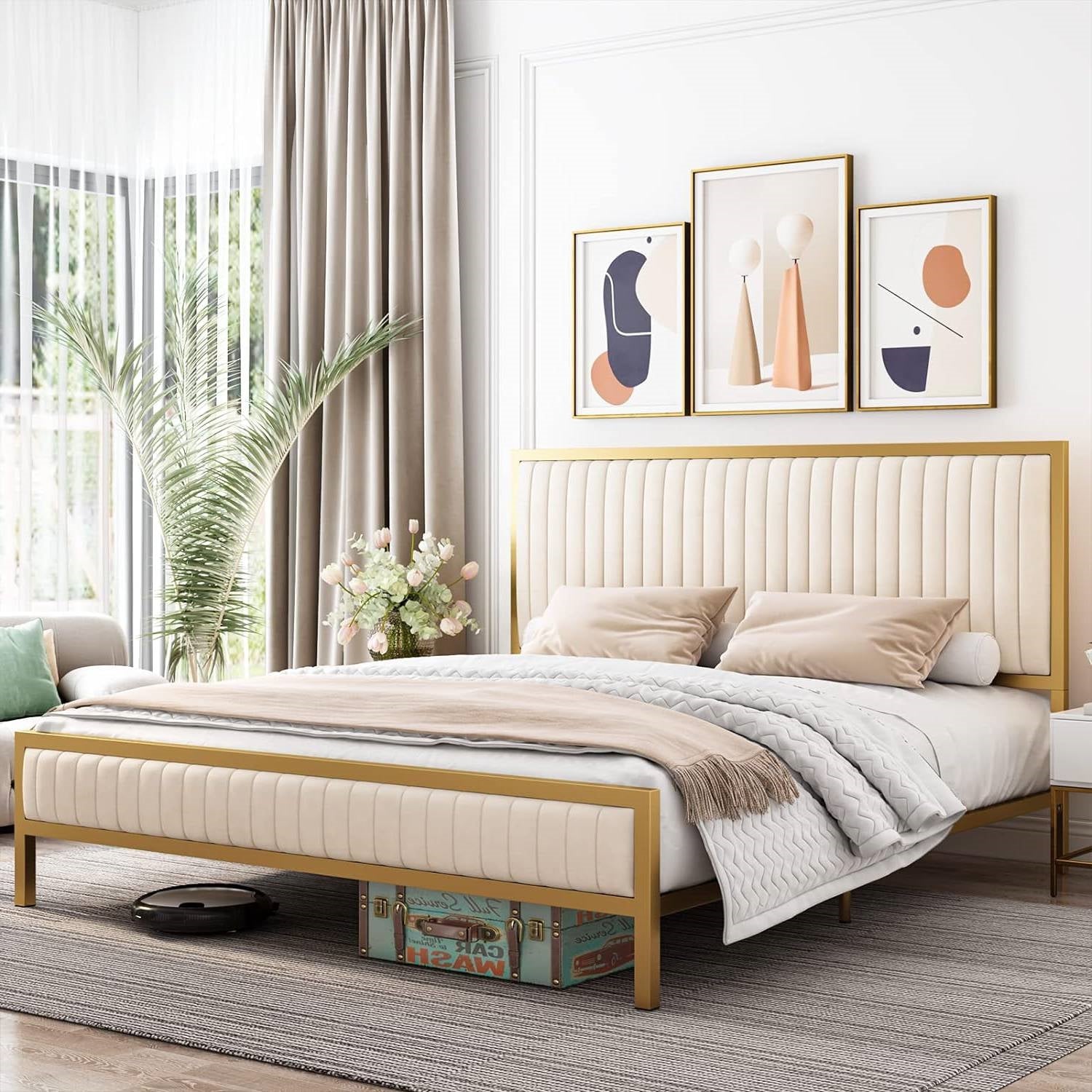 Full size Gold Metal Platform Bed Frame with Beige White Upholstered Headboard-0