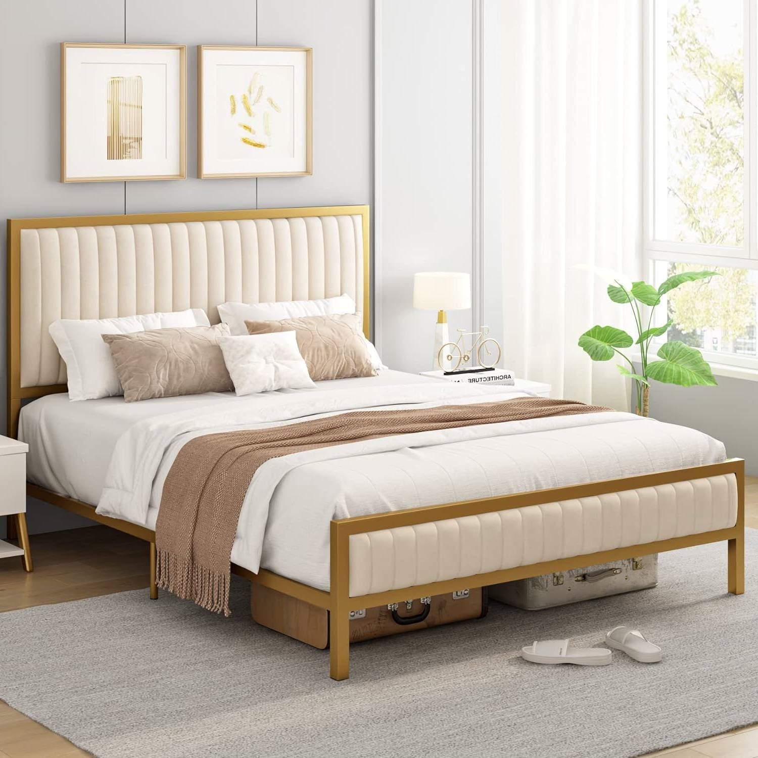 Full size Gold Metal Platform Bed Frame with Beige White Upholstered Headboard-1