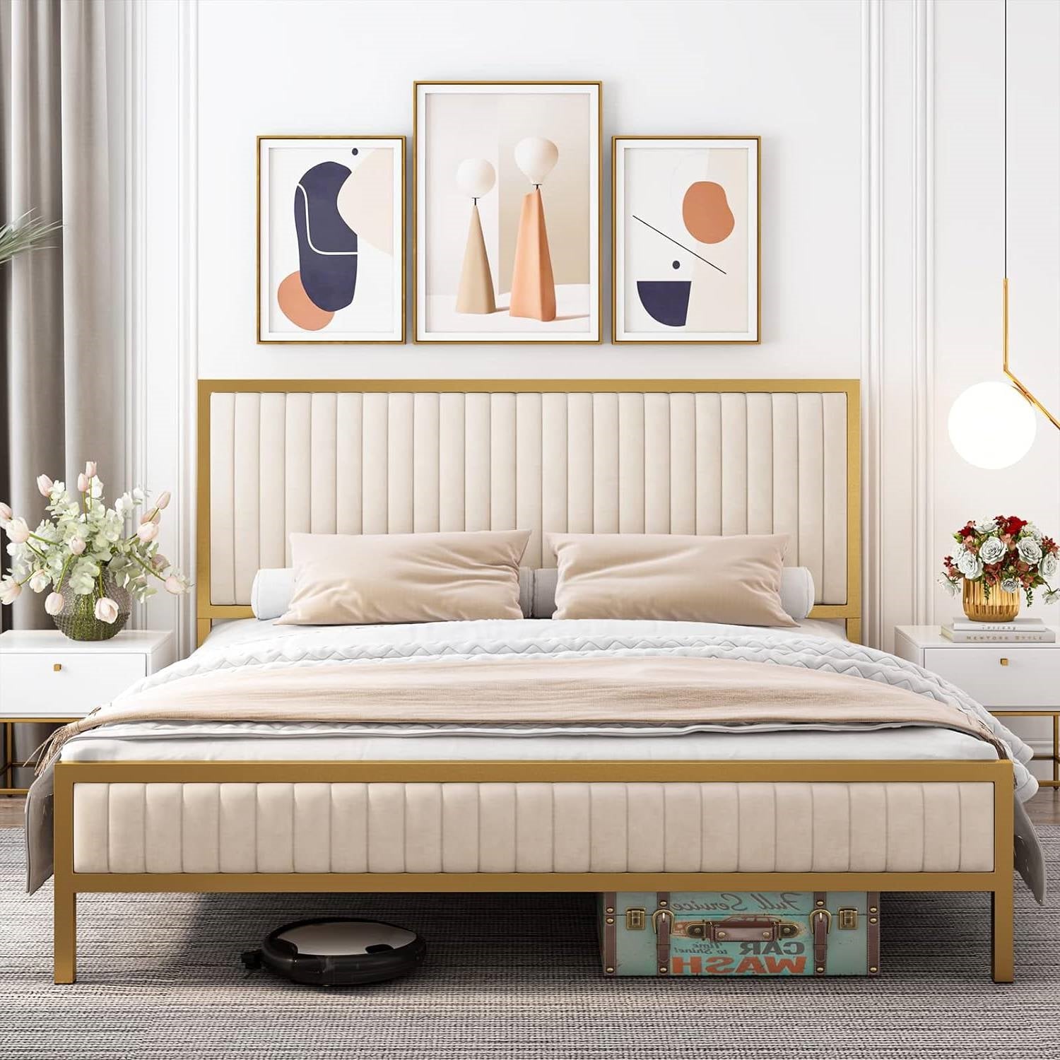 Full size Gold Metal Platform Bed Frame with Beige White Upholstered Headboard-2