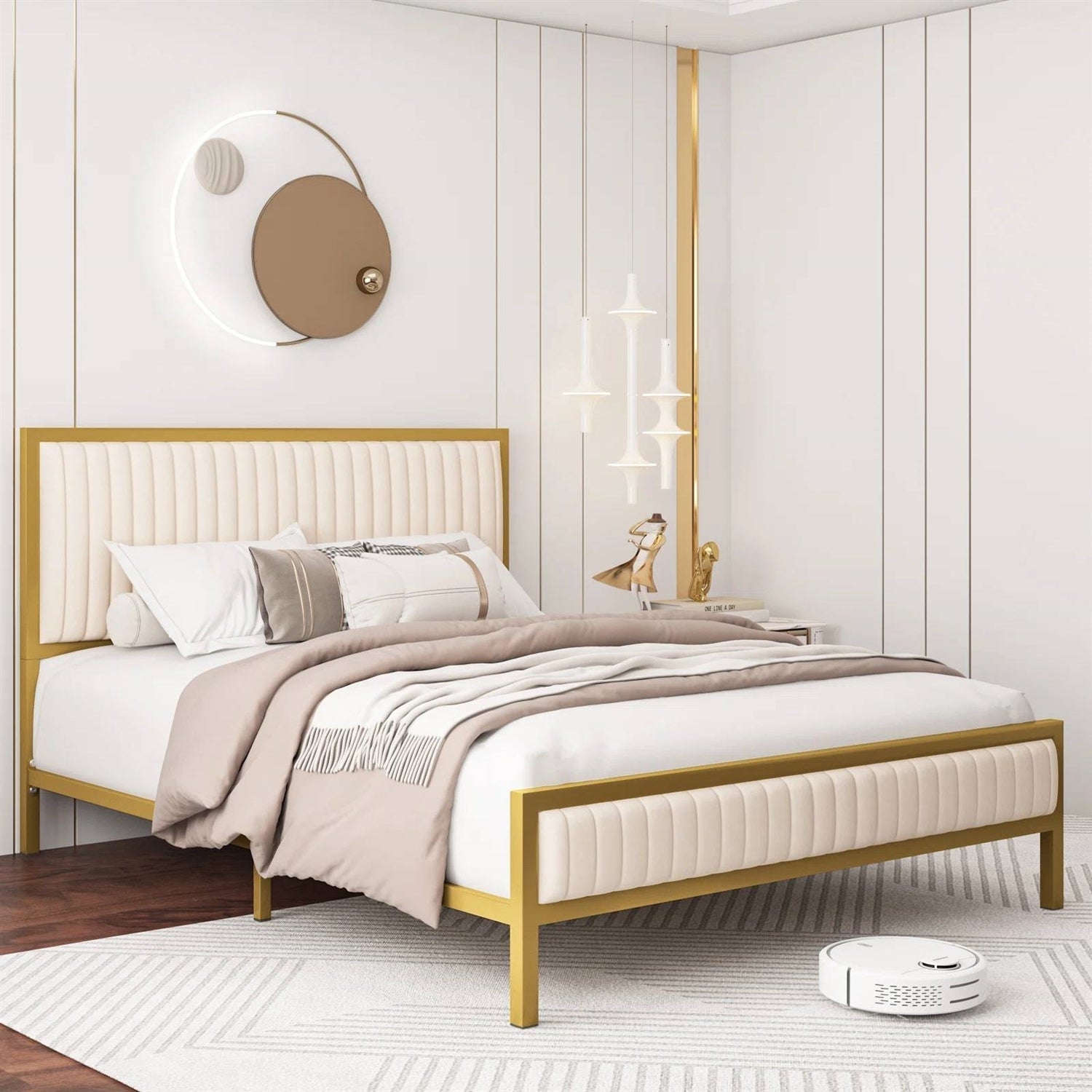 Full size Gold Metal Platform Bed Frame with Beige White Upholstered Headboard-3