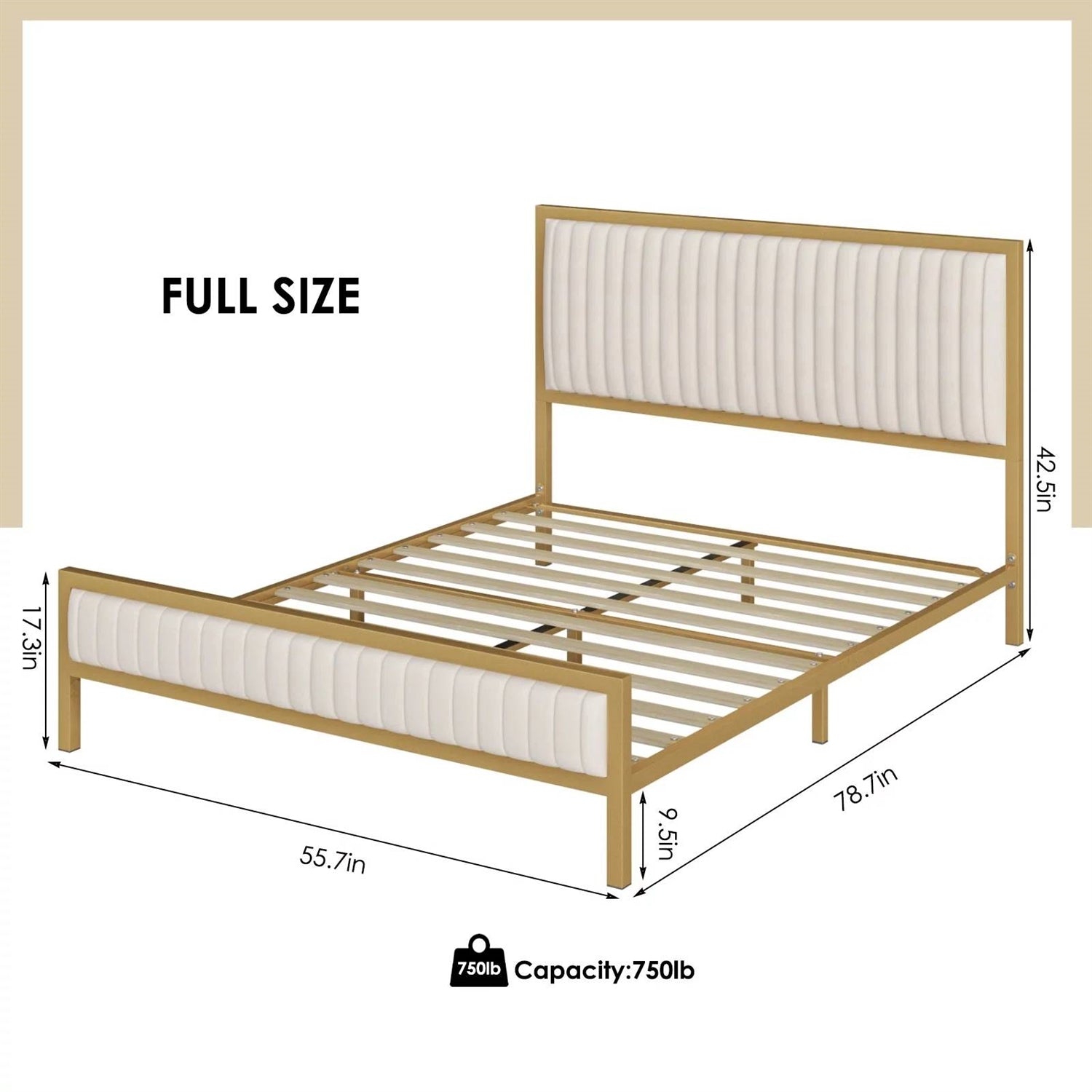 Full size Gold Metal Platform Bed Frame with Beige White Upholstered Headboard-4