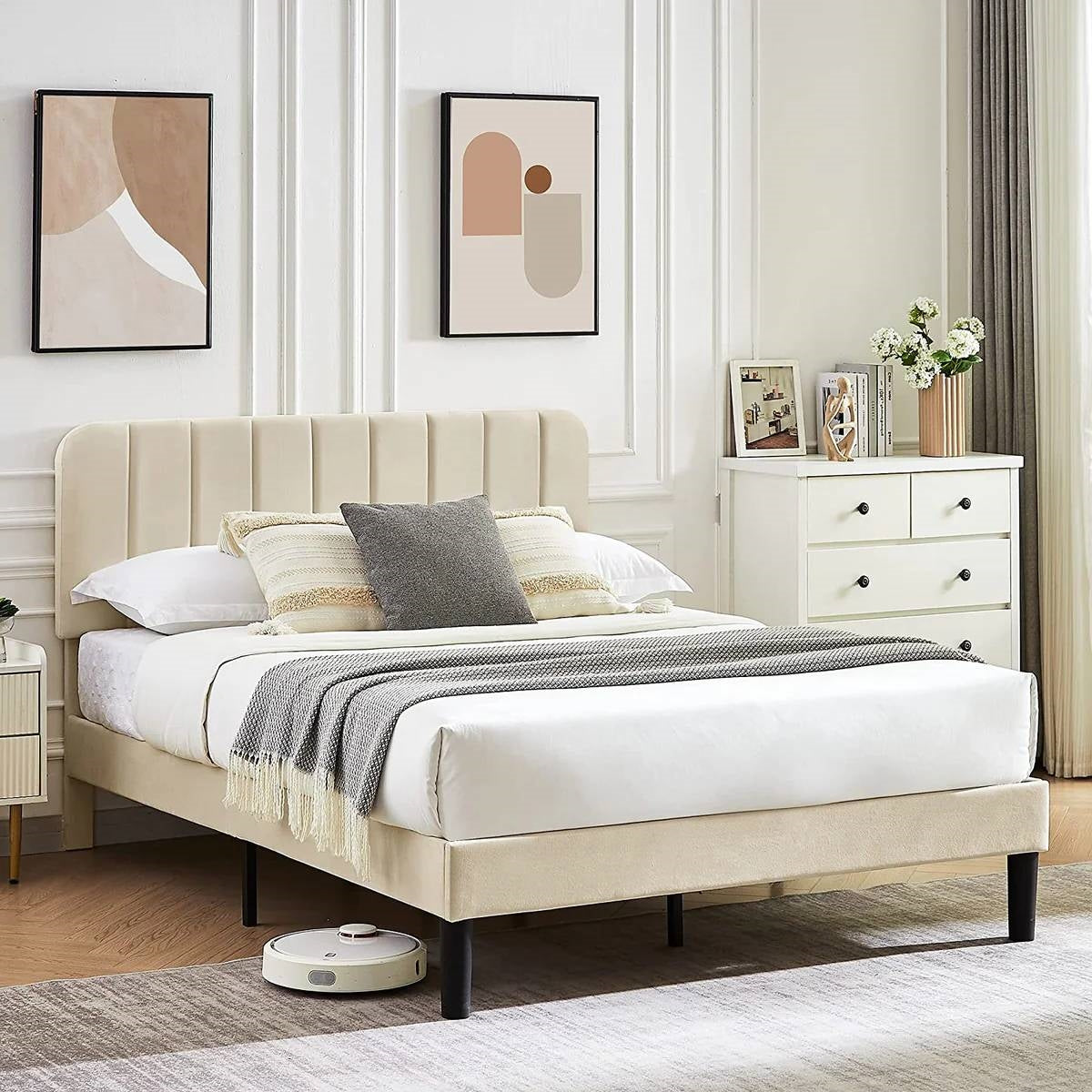 Full size Beige Upholstered Platform Bed Frame with Headboard-2