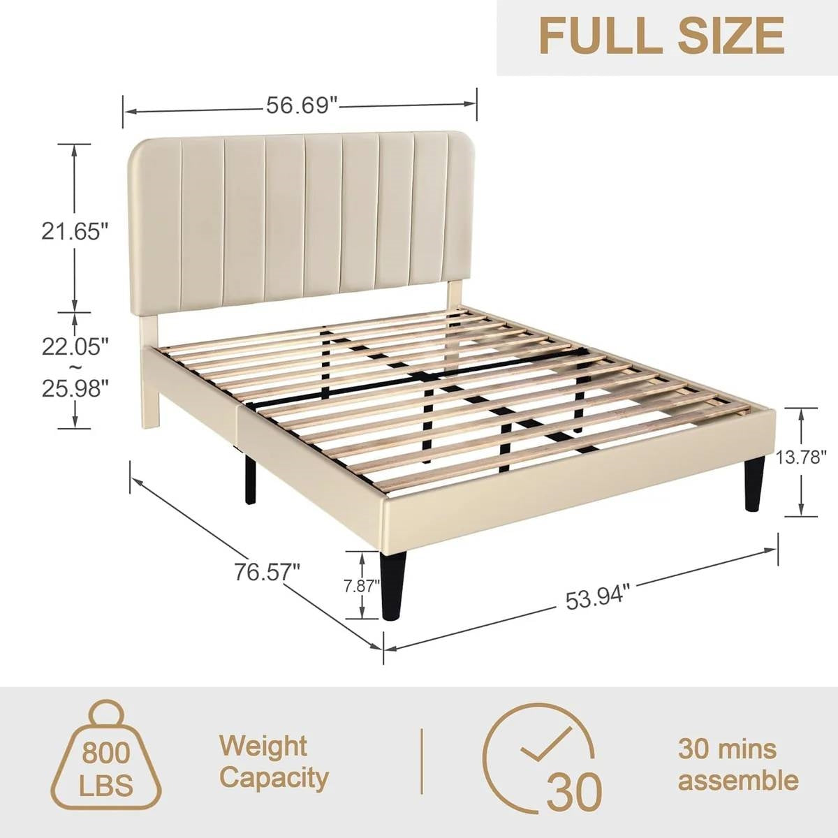 Full size Beige Upholstered Platform Bed Frame with Headboard-4