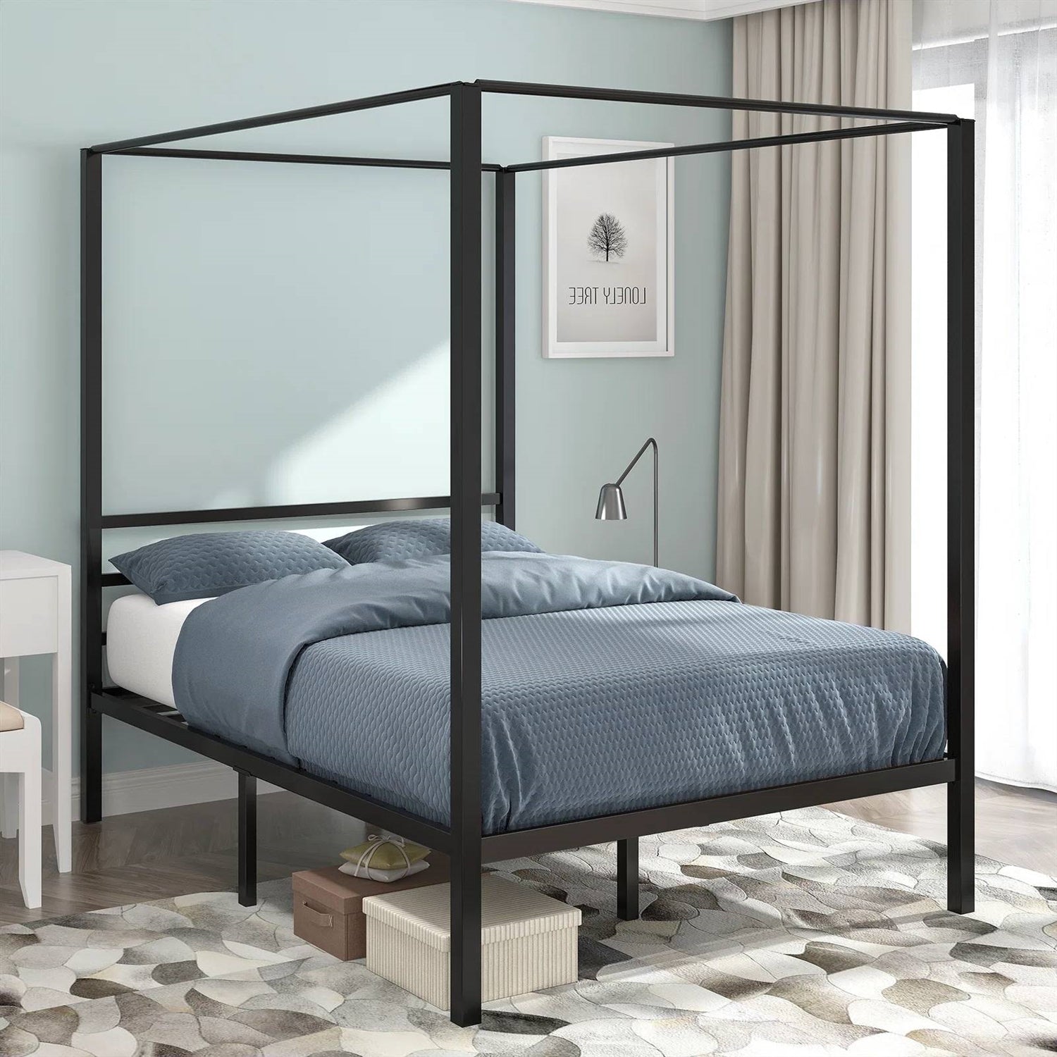 Full size Modern Four Poster Metal Canopy Bed in Black Finish-0