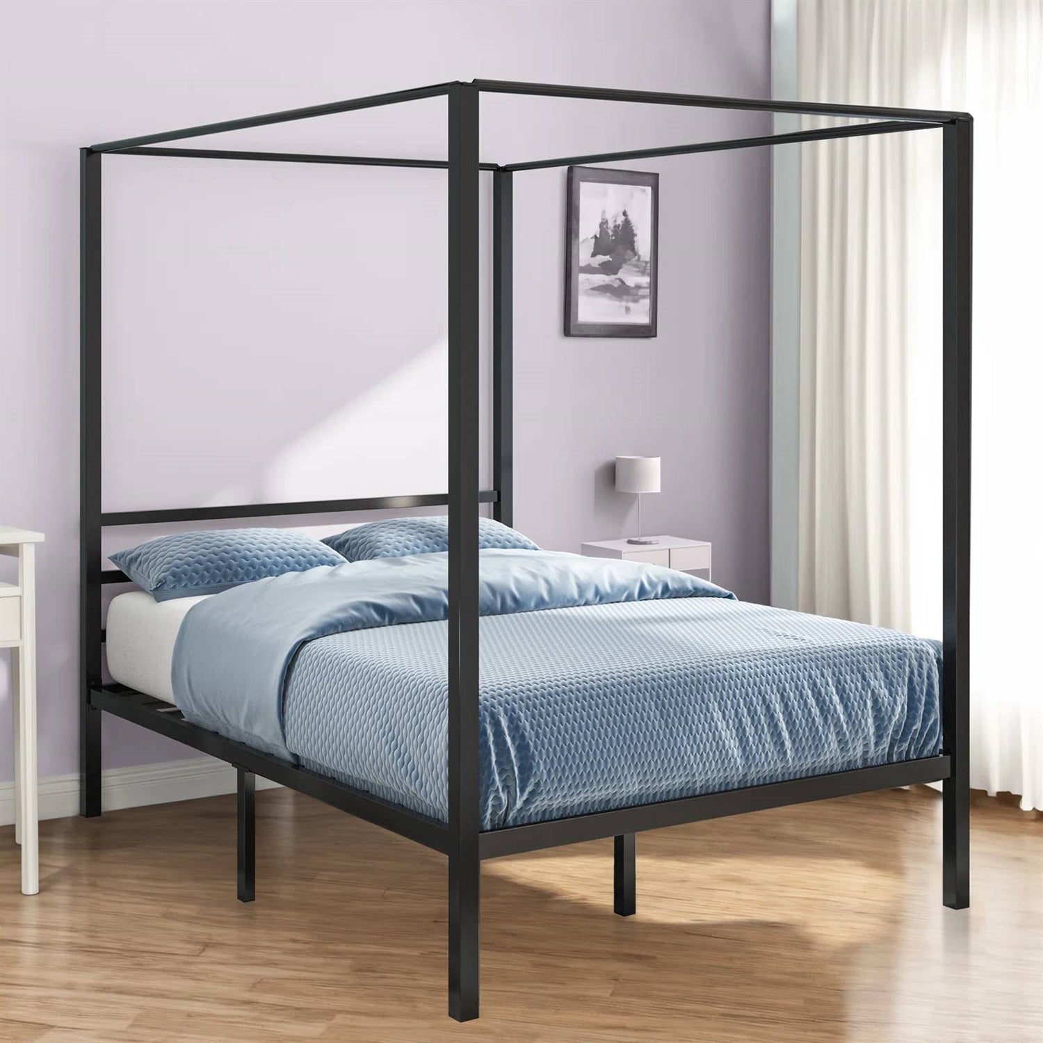 Full size Modern Four Poster Metal Canopy Bed in Black Finish-1