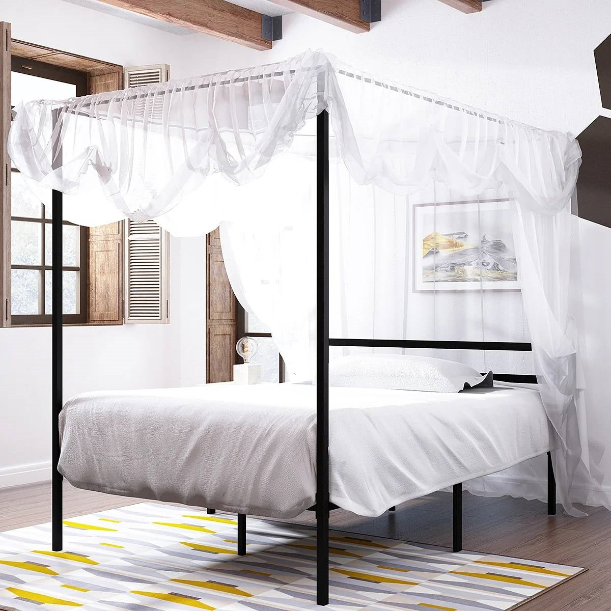 Full size Modern Four Poster Metal Canopy Bed in Black Finish-3