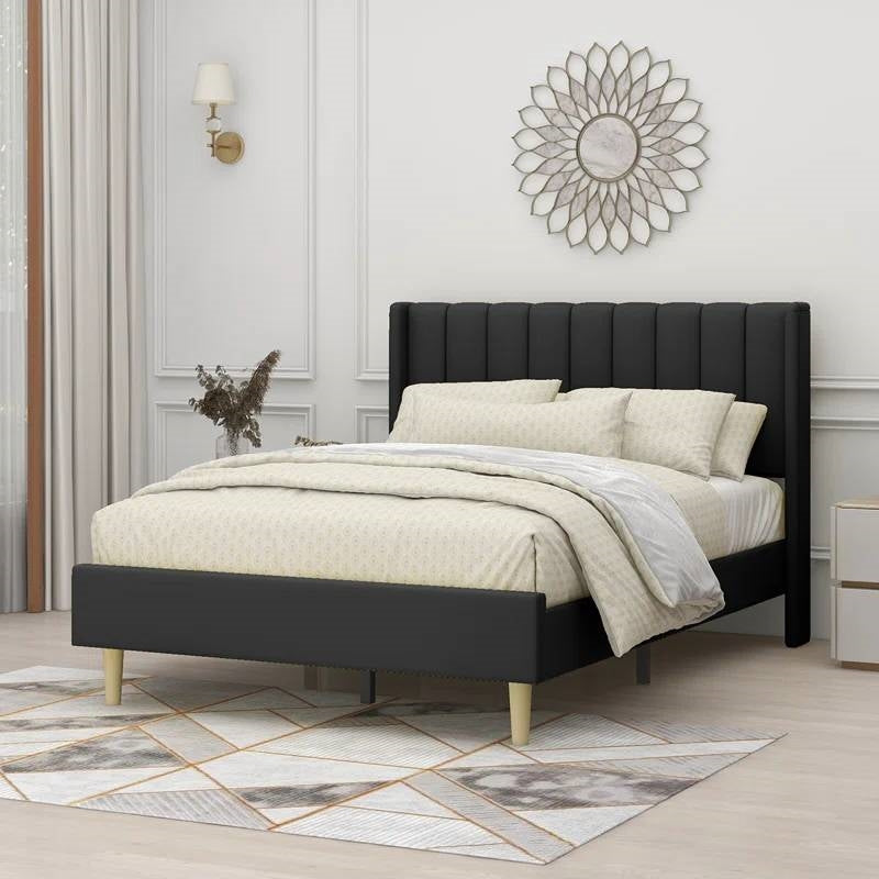Full size Mid-Century Black Linen Platform Bed Frame with Upholstered Headboard-1
