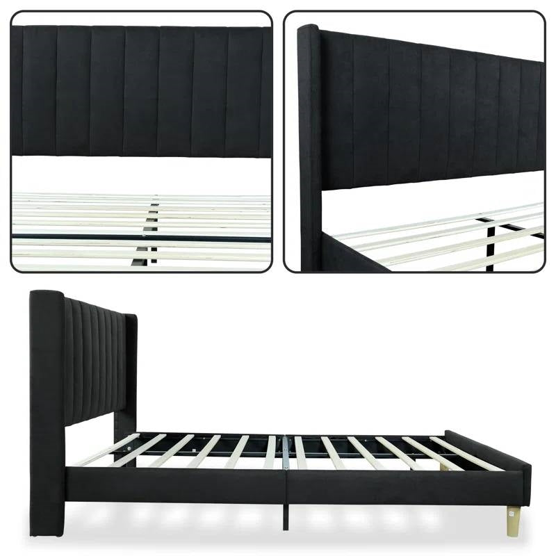 Full size Mid-Century Black Linen Platform Bed Frame with Upholstered Headboard-2