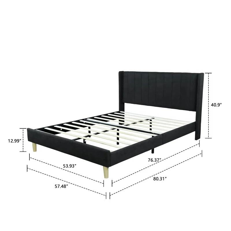 Full size Mid-Century Black Linen Platform Bed Frame with Upholstered Headboard-3