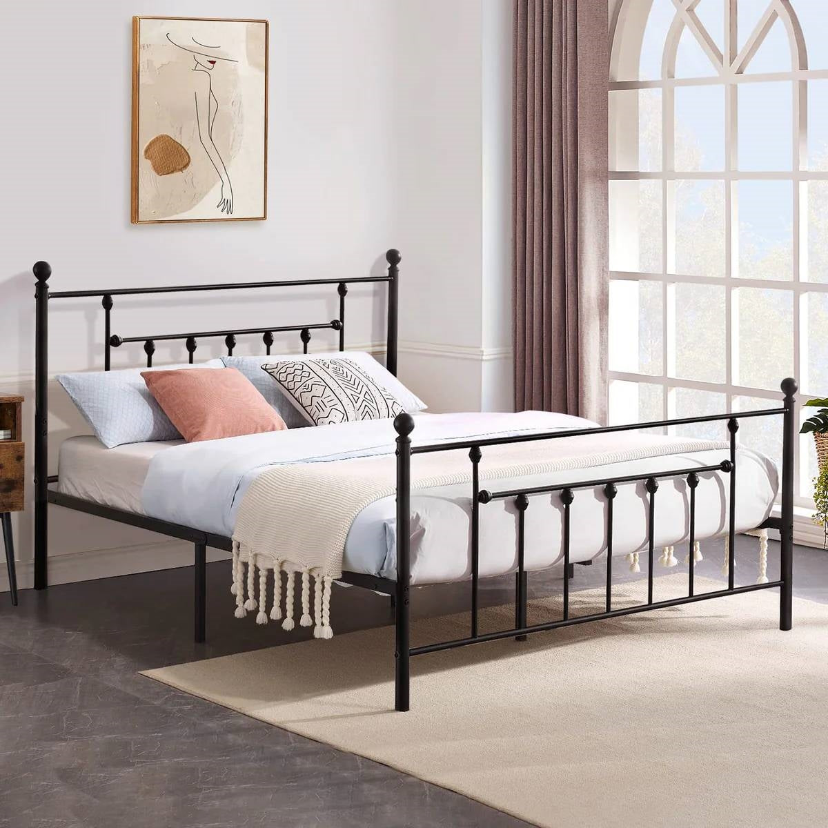 Full size Vintage Style Black Metal Platform Bed Frame with Headboard Footboard-1