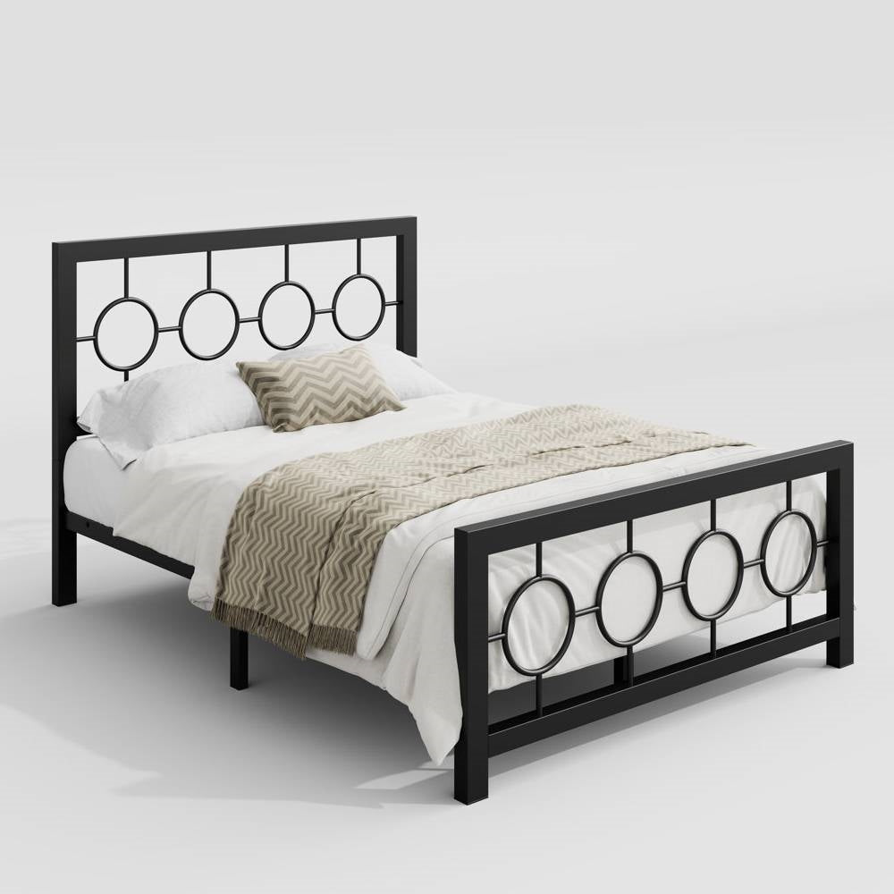 Full Black Metal Platform Bed Frame with Circle Medallion Headboard Footboard-0
