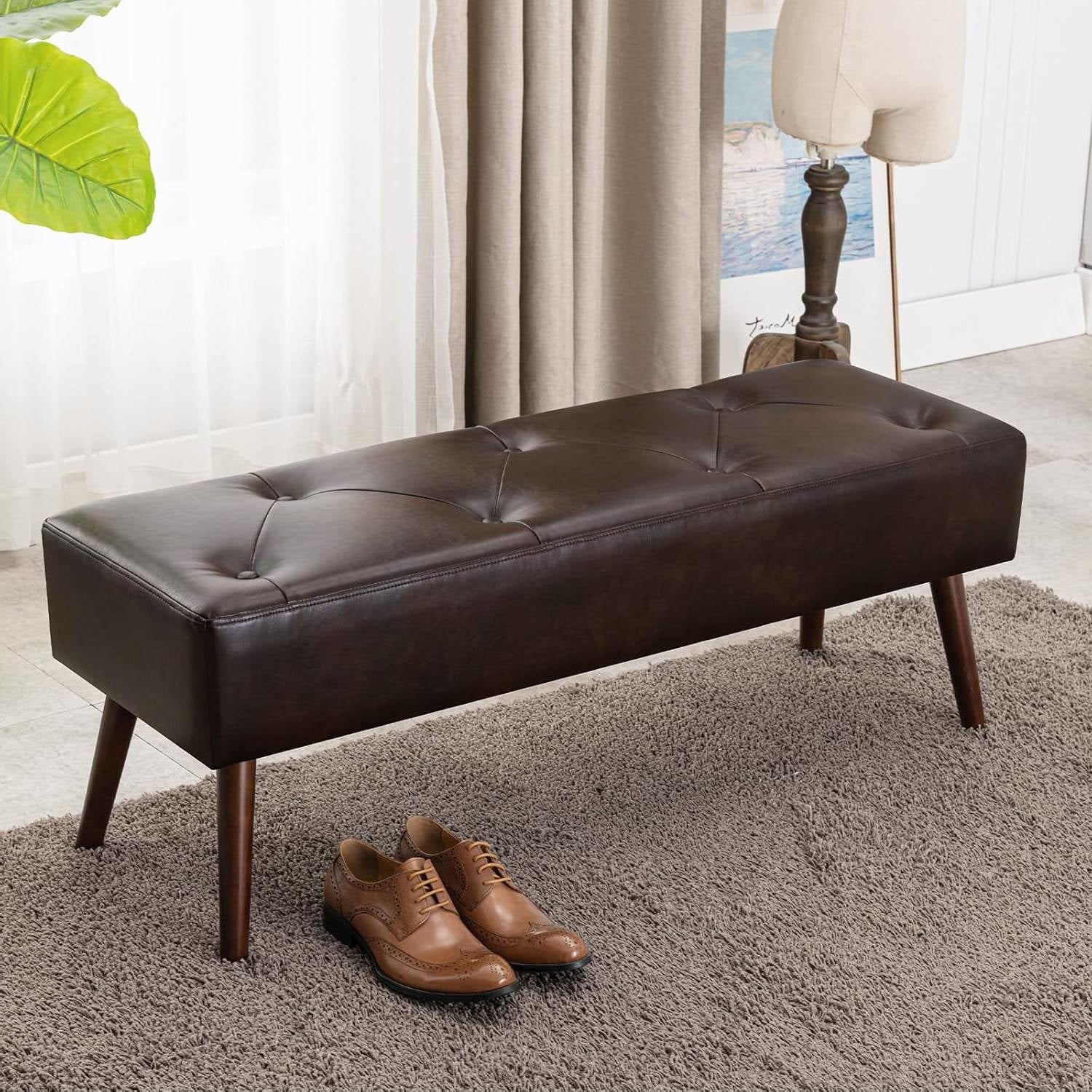 Mid-Century Bed Bench with Dark Brown Leather Upholstered Seat Solid Wood Legs-2